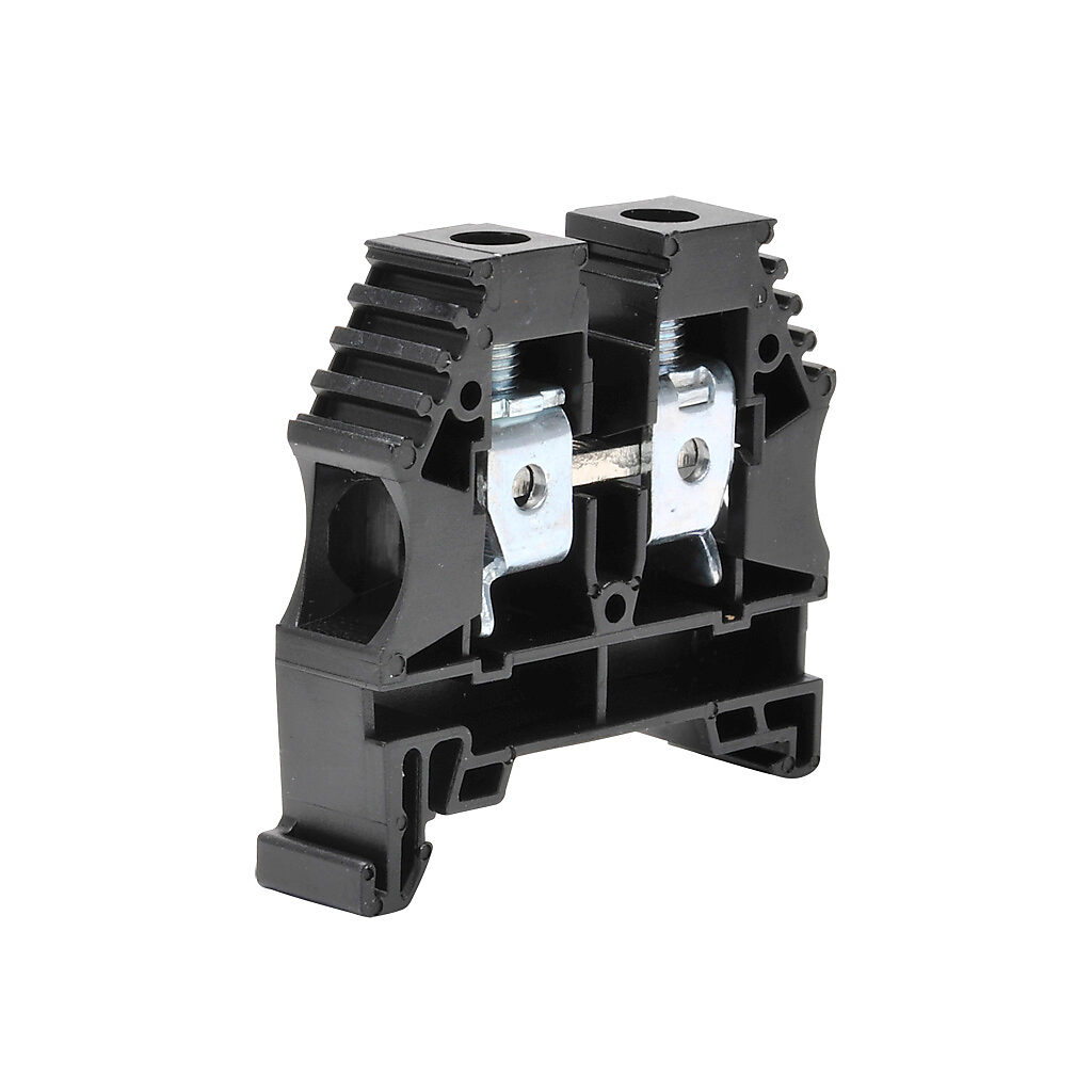 KN-T6BLK-25 - Konnect-It screw single-level feedthrough terminal block, accepts wire size 16-6 AWG, black, 65A, 35mm DIN rail mount, 100kA SCCR. Package of 25. For use with jumpers KN-2J6, KN-3J6, KN-4J6 and KN-10J6.