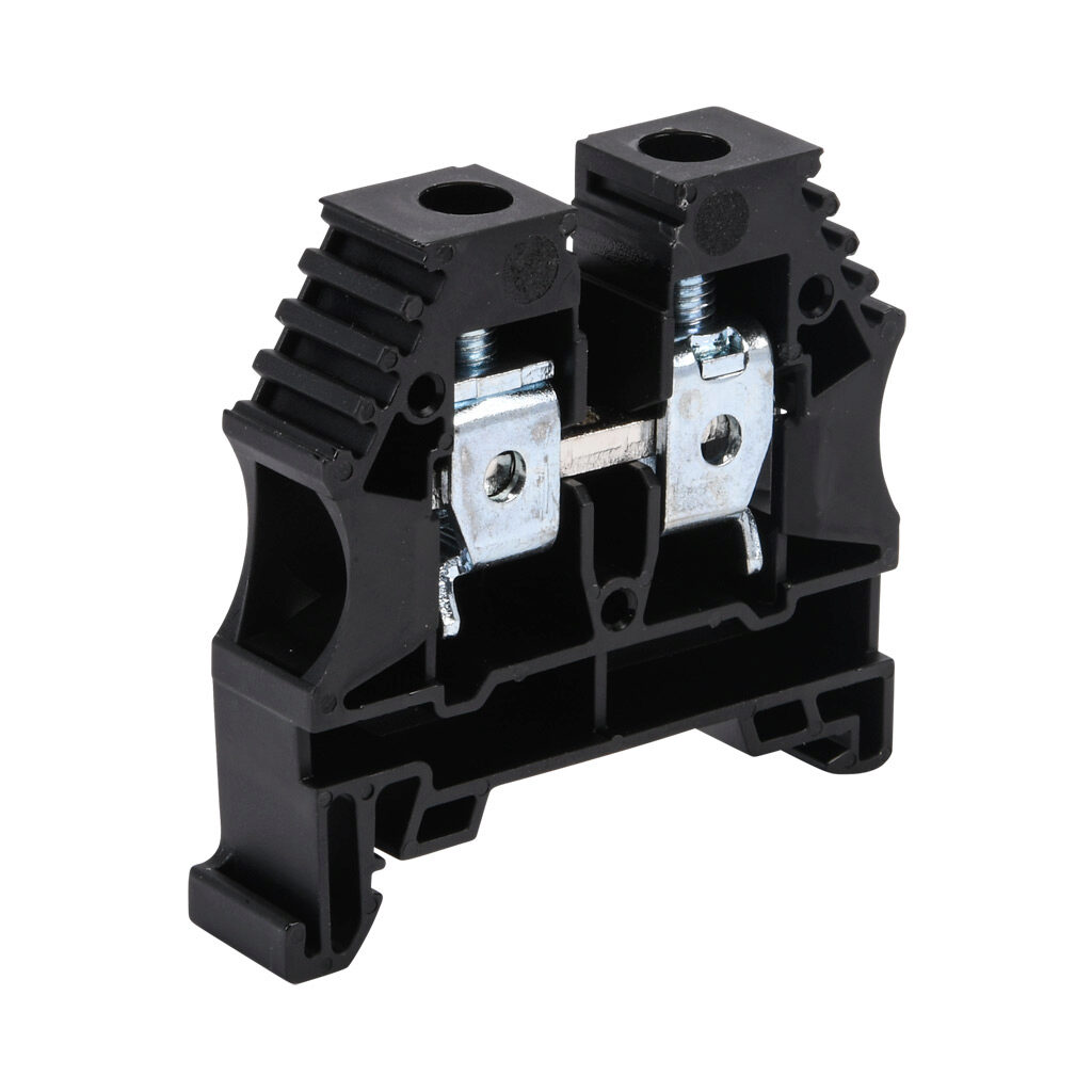 KN-T6BLK-50 - Konnect-It screw single-level feedthrough terminal block, accepts wire size 16-6 AWG, black, 65A, 35mm DIN rail mount, 100kA SCCR. Package of 50. For use with jumpers KN-2J6, KN-3J6, KN-4J6 and KN-10J6.