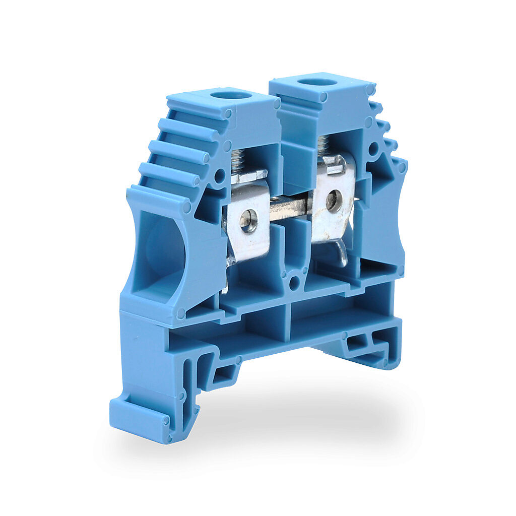 KN-T6BLU-25 - Konnect-It screw single-level feedthrough terminal block, accepts wire size 16-6 AWG, blue, 65A, 35mm DIN rail mount, 100kA SCCR. Package of 25. For use with jumpers KN-2J6, KN-3J6, KN-4J6 or KN-10J6.