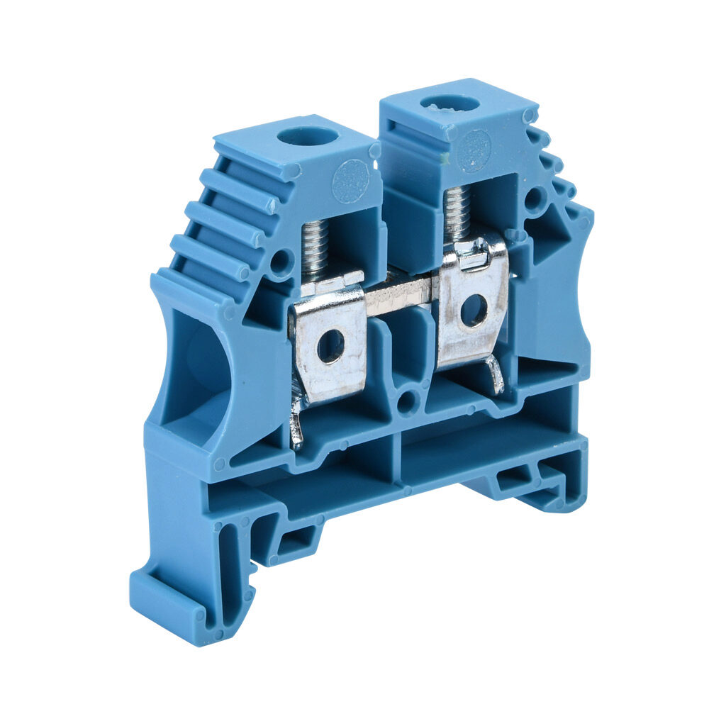 KN-T6BLU-50 - Konnect-It screw single-level feedthrough terminal block, accepts wire size 16-6 AWG, blue, 65A, 35mm DIN rail mount, 100kA SCCR. Package of 50. For use with jumpers KN-2J6, KN-3J6, KN-4J6 and KN-10J6.