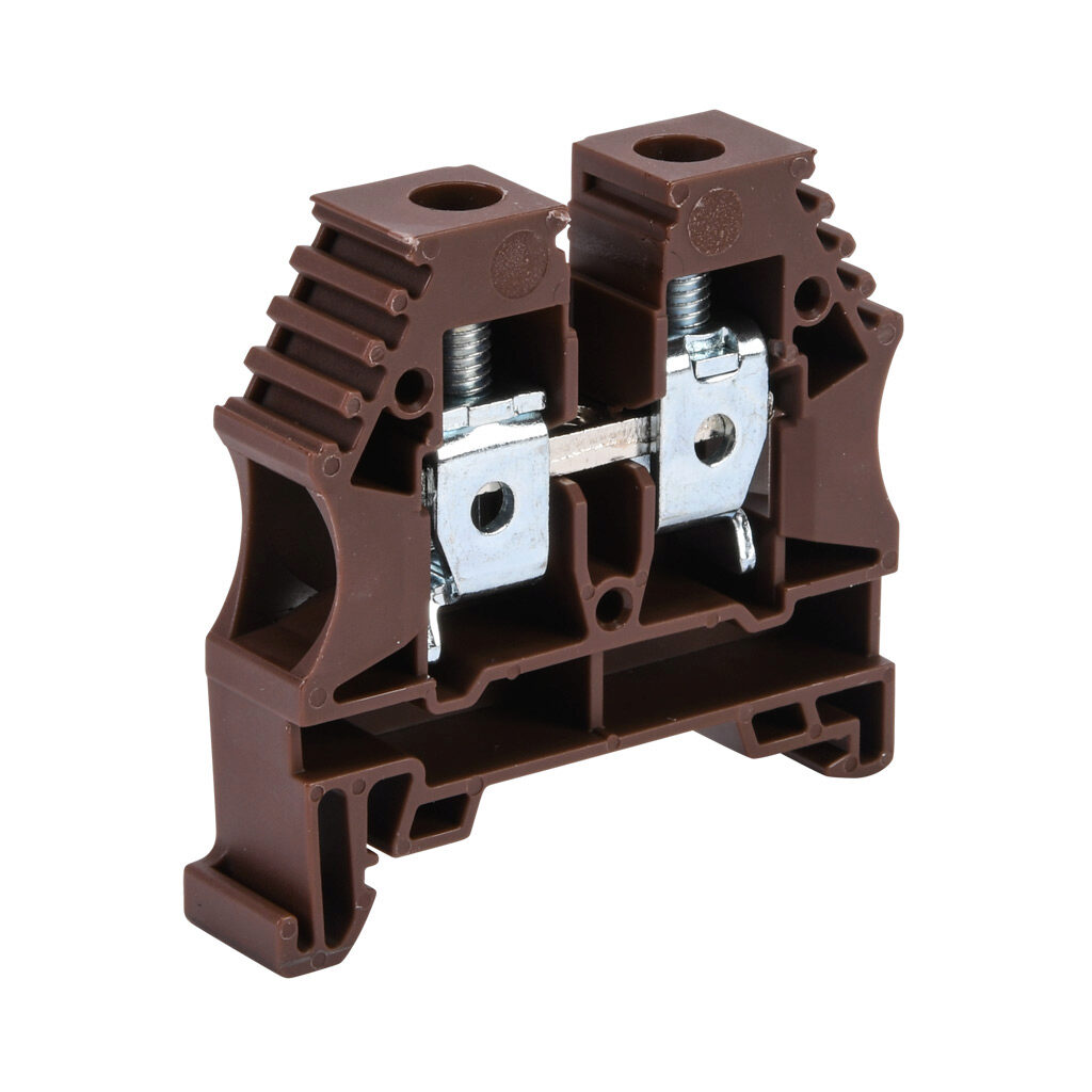 KN-T6BRN-50 - Konnect-It screw single-level feedthrough terminal block, accepts wire size 16-6 AWG, brown, 65A, 35mm DIN rail mount, 100kA SCCR. Package of 50. For use with jumpers KN-2J6, KN-3J6, KN-4J6 and KN-10J6.