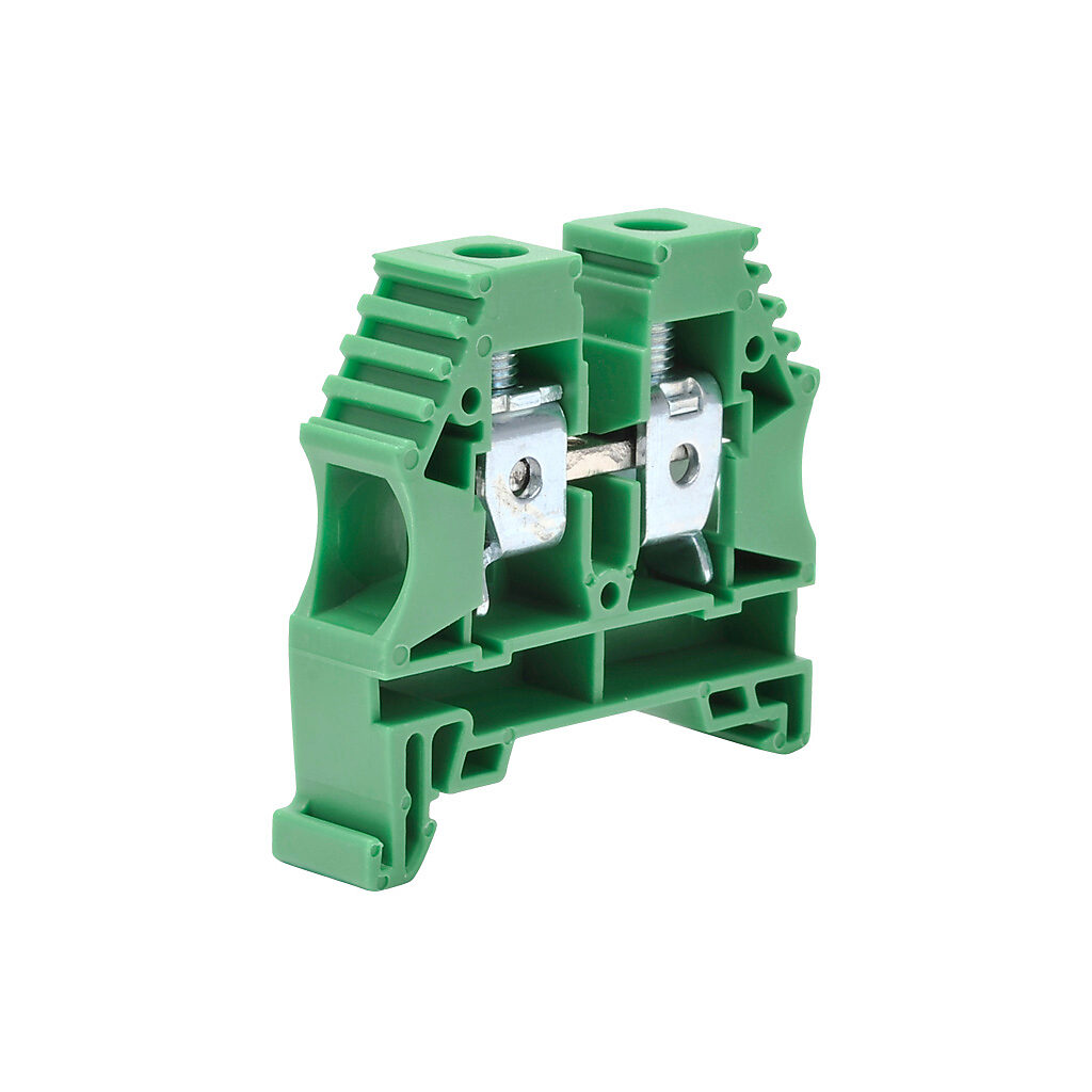 KN-T6GRN-25 - Konnect-It screw single-level feedthrough terminal block, accepts wire size 16-6 AWG, green, 65A, 35mm DIN rail mount, 100kA SCCR. Package of 25. For use with jumpers KN-2J6, KN-3J6, KN-4J6 and KN-10J6.