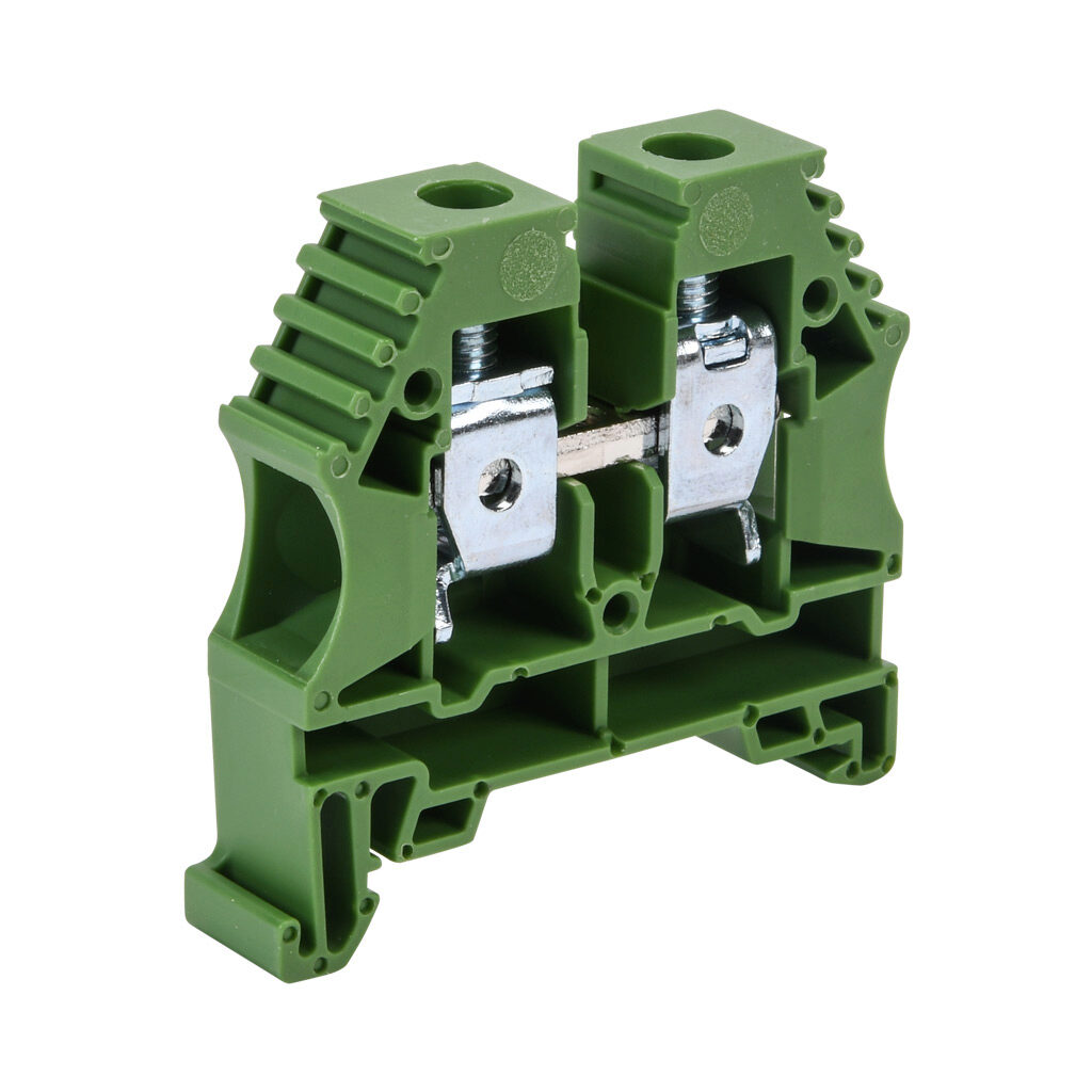 KN-T6GRN-50 - Konnect-It screw single-level feedthrough terminal block, accepts wire size 16-6 AWG, green, 65A, 35mm DIN rail mount, 100kA SCCR. Package of 50. For use with jumpers KN-2J6, KN-3J6, KN-4J6 and KN-10J6.