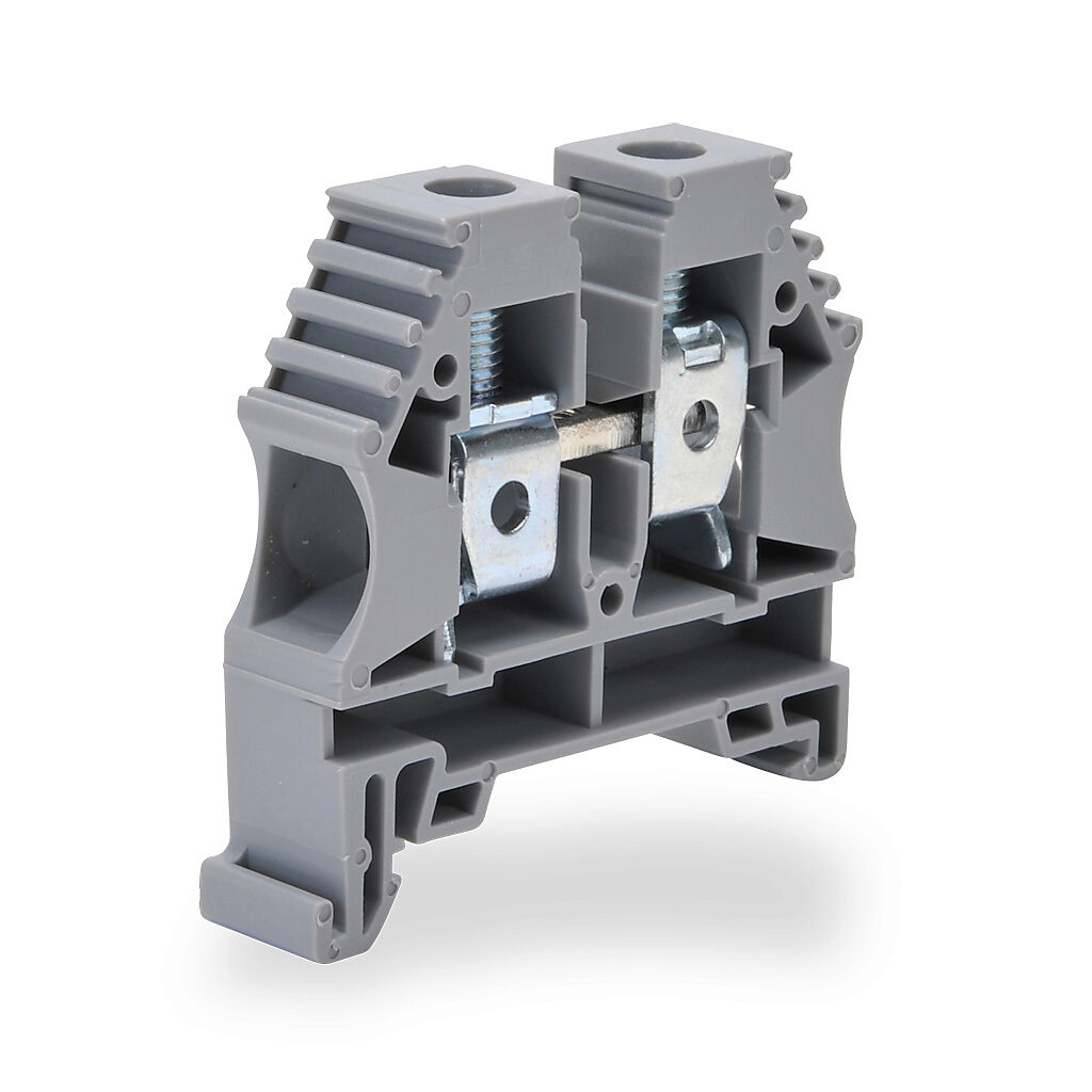 KN-T6GRY-25 - Konnect-It screw single-level feedthrough terminal block, accepts wire size 16-6 AWG, gray, 65A, 35mm DIN rail mount, 100kA SCCR. Package of 25. For use with jumpers KN-2J6, KN-3J6, KN-4J6 or KN-10J6.