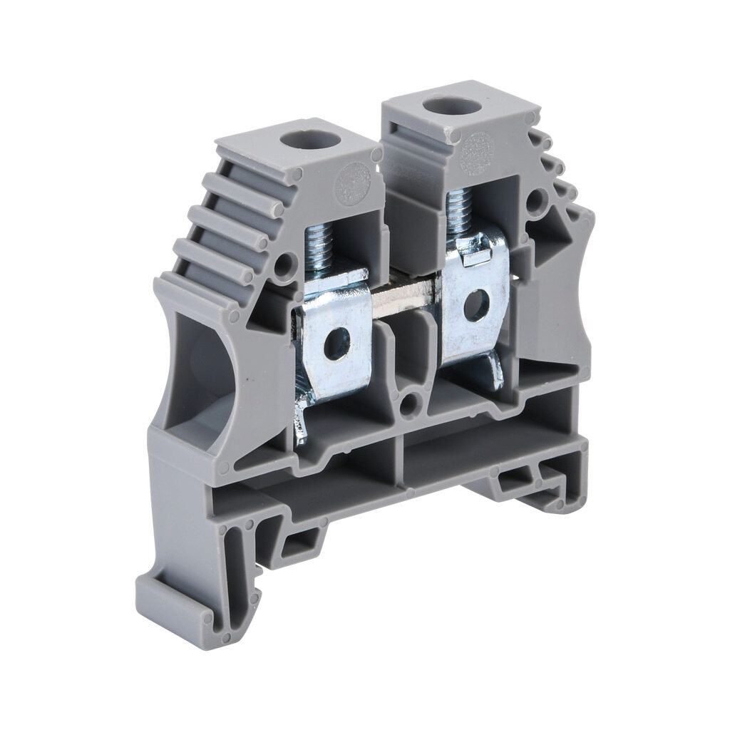 KN-T6GRY-50 - Konnect-It screw single-level feedthrough terminal block, accepts wire size 16-6 AWG, gray, 65A, 35mm DIN rail mount, 100kA SCCR. Package of 50. For use with jumpers KN-2J6, KN-3J6, KN-4J6 and KN-10J6.