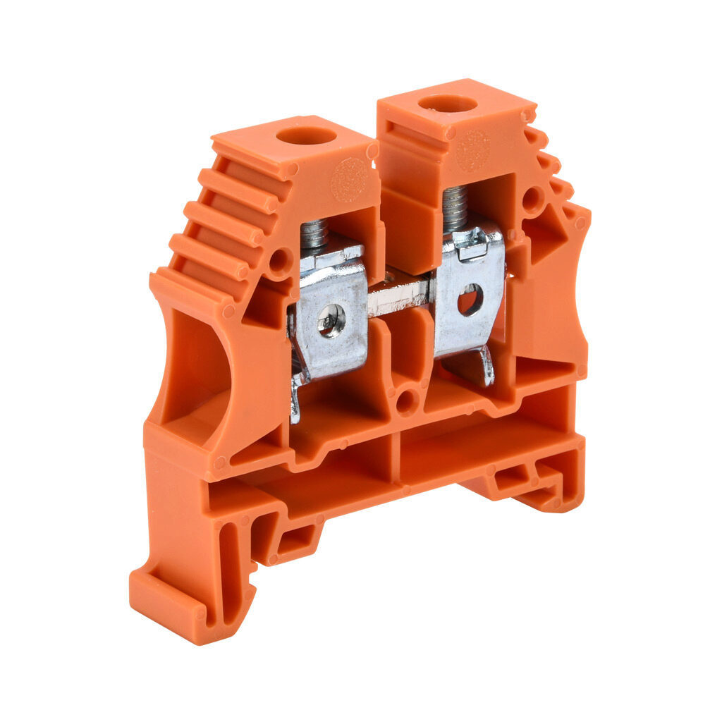 KN-T6ORG-50 - Konnect-It screw single-level feedthrough terminal block, accepts wire size 16-6 AWG, orange, 65A, 35mm DIN rail mount, 100kA SCCR. Package of 50. For use with jumpers KN-2J6, KN-3J6, KN-4J6 and KN-10J6.