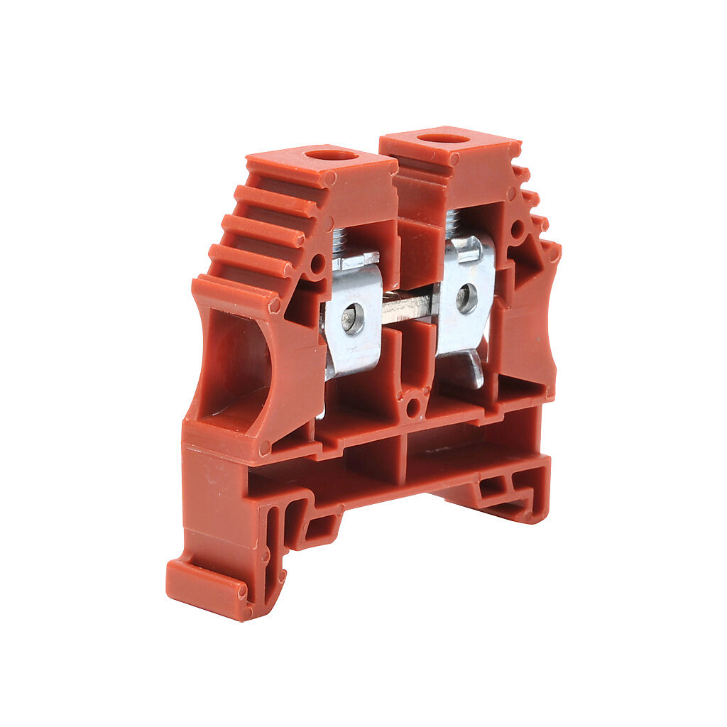 KN-T6RED-25 - Konnect-It screw single-level feedthrough terminal block, accepts wire size 16-6 AWG, red, 65A, 35mm DIN rail mount, 100kA SCCR. Package of 25. For use with jumpers KN-2J6, KN-3J6, KN-4J6 and KN-10J6.