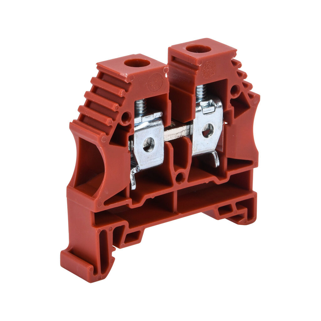 KN-T6RED-50 - Konnect-It screw single-level feedthrough terminal block, accepts wire size 16-6 AWG, red, 65A, 35mm DIN rail mount, 100kA SCCR. Package of 50. For use with jumpers KN-2J6, KN-3J6, KN-4J6 and KN-10J6.