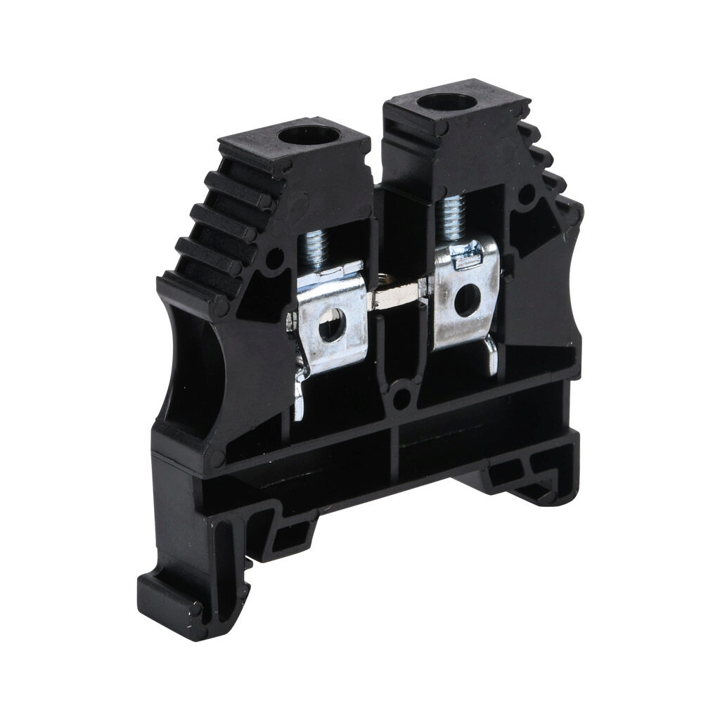 KN-T8BLK-20 - Konnect-It screw single-level feedthrough terminal block, accepts wire size 26-8 AWG, black, 50A, 35mm DIN rail mount, 100kA SCCR. Package of 20. For use with jumpers KN-2J8, KN-3J8, KN-4J8 and KN-10J8.