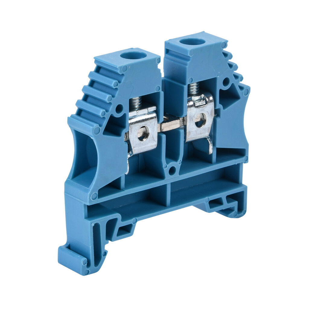 KN-T8BLU-20 - Konnect-It screw single-level feedthrough terminal block, accepts wire size 26-8 AWG, blue, 50A, 35mm DIN rail mount, 100kA SCCR. Package of 20. For use with jumpers KN-2J8, KN-3J8, KN-4J8 and KN-10J8.