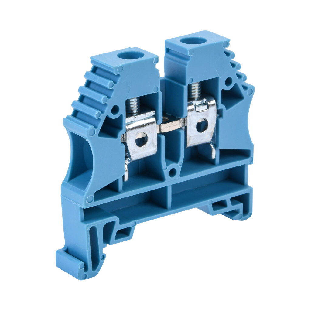 KN-T8BLU-60 - Konnect-It screw single-level feedthrough terminal block, accepts wire size 26-8 AWG, blue, 50A, 35mm DIN rail mount, 100kA SCCR. Package of 60. For use with jumpers KN-2J8, KN-3J8, KN-4J8 and KN-10J8.