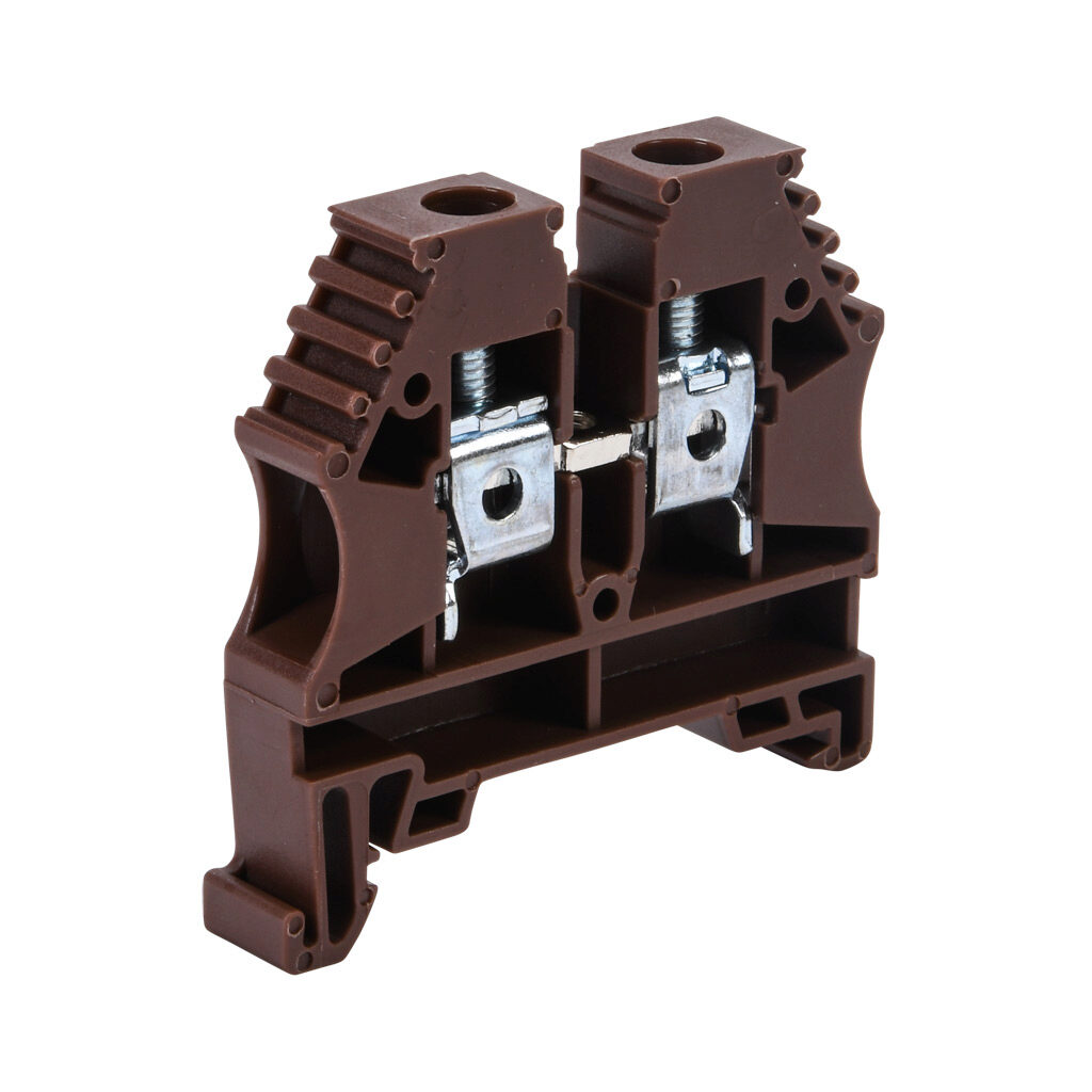 KN-T8BRN-20 - Konnect-It screw single-level feedthrough terminal block, accepts wire size 26-8 AWG, brown, 50A, 35mm DIN rail mount, 100kA SCCR. Package of 20. For use with jumpers KN-2J8, KN-3J8, KN-4J8 and KN-10J8.