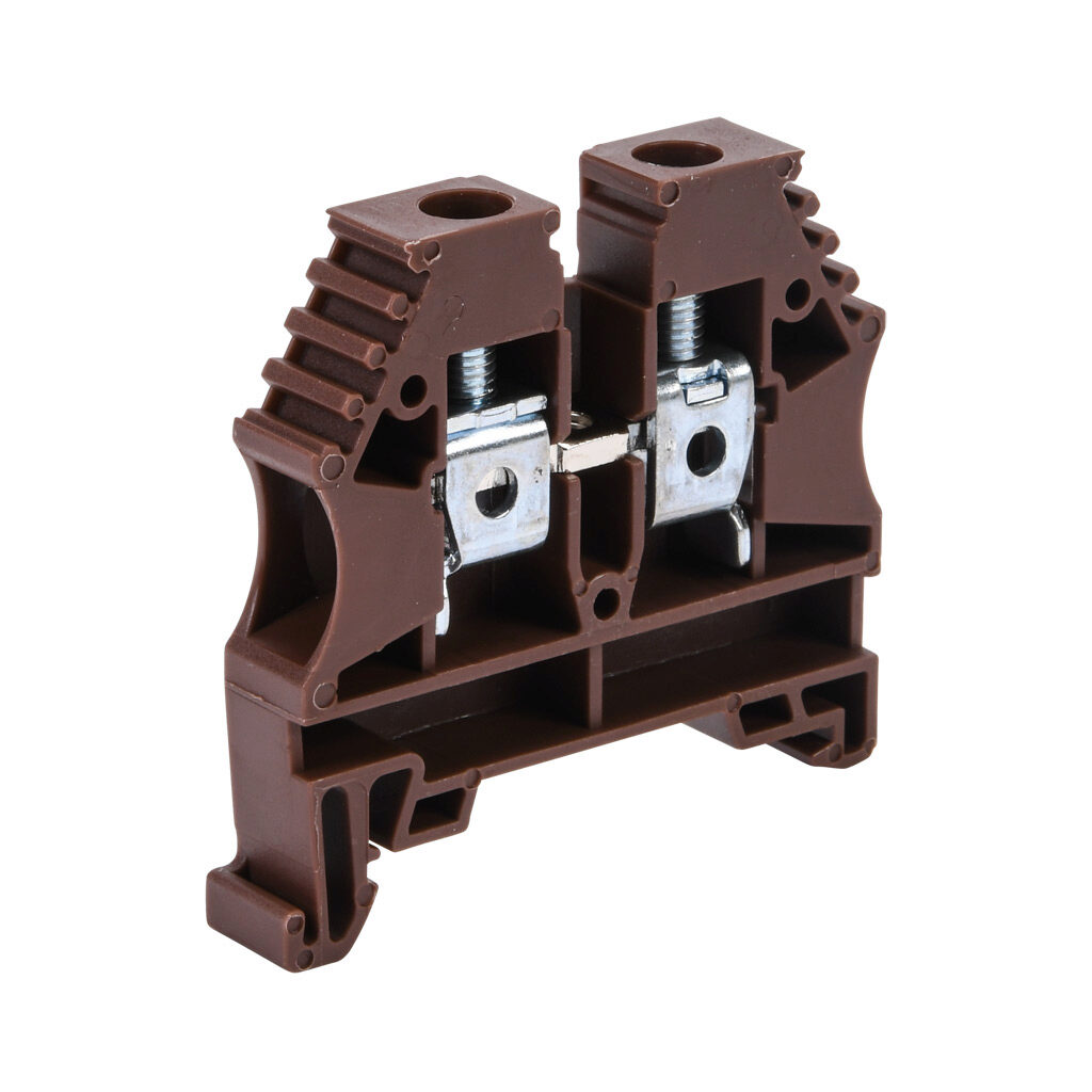 KN-T8BRN-60 - Konnect-It screw single-level feedthrough terminal block, accepts wire size 26-8 AWG, brown, 50A, 35mm DIN rail mount, 100kA SCCR. Package of 60. For use with jumpers KN-2J8, KN-3J8, KN-4J8 and KN-10J8.