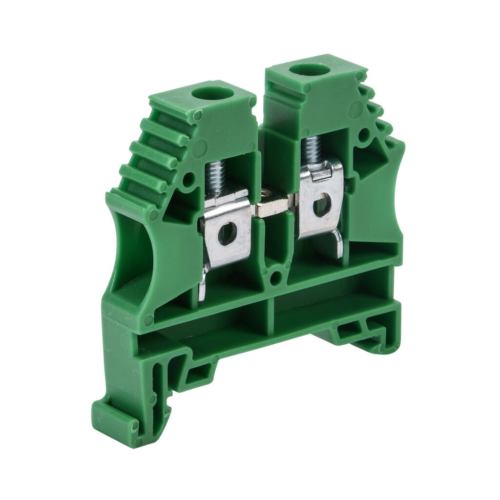 KN-T8GRN-20 - Konnect-It screw single-level feedthrough terminal block, accepts wire size 26-8 AWG, green, 50A, 35mm DIN rail mount, 100kA SCCR. Package of 20. For use with jumpers KN-2J8, KN-3J8, KN-4J8 and KN-10J8.