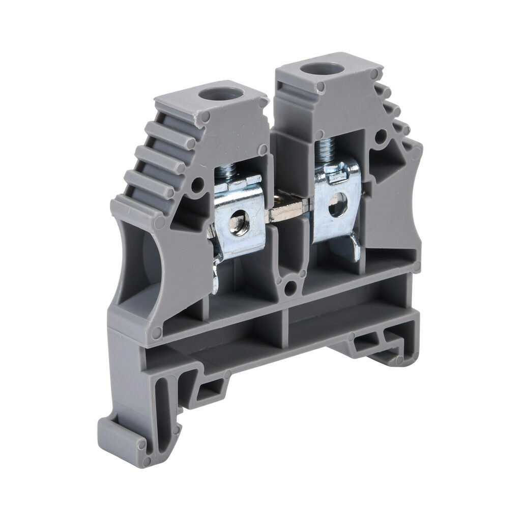 KN-T8GRY-20 - Konnect-It screw single-level feedthrough terminal block, accepts wire size 26-8 AWG, gray, 50A, 35mm DIN rail mount, 100kA SCCR. Package of 20. For use with jumpers KN-2J8, KN-3J8, KN-4J8 and KN-10J8.