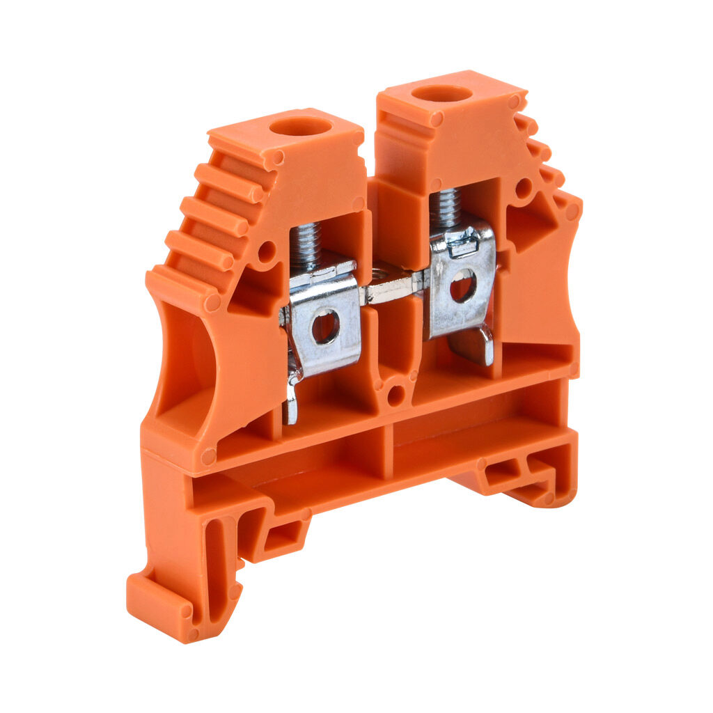 KN-T8ORG-20 - Konnect-It screw single-level feedthrough terminal block, accepts wire size 26-8 AWG, orange, 50A, 35mm DIN rail mount, 100kA SCCR. Package of 20. For use with jumpers KN-2J8, KN-3J8, KN-4J8 and KN-10J8.