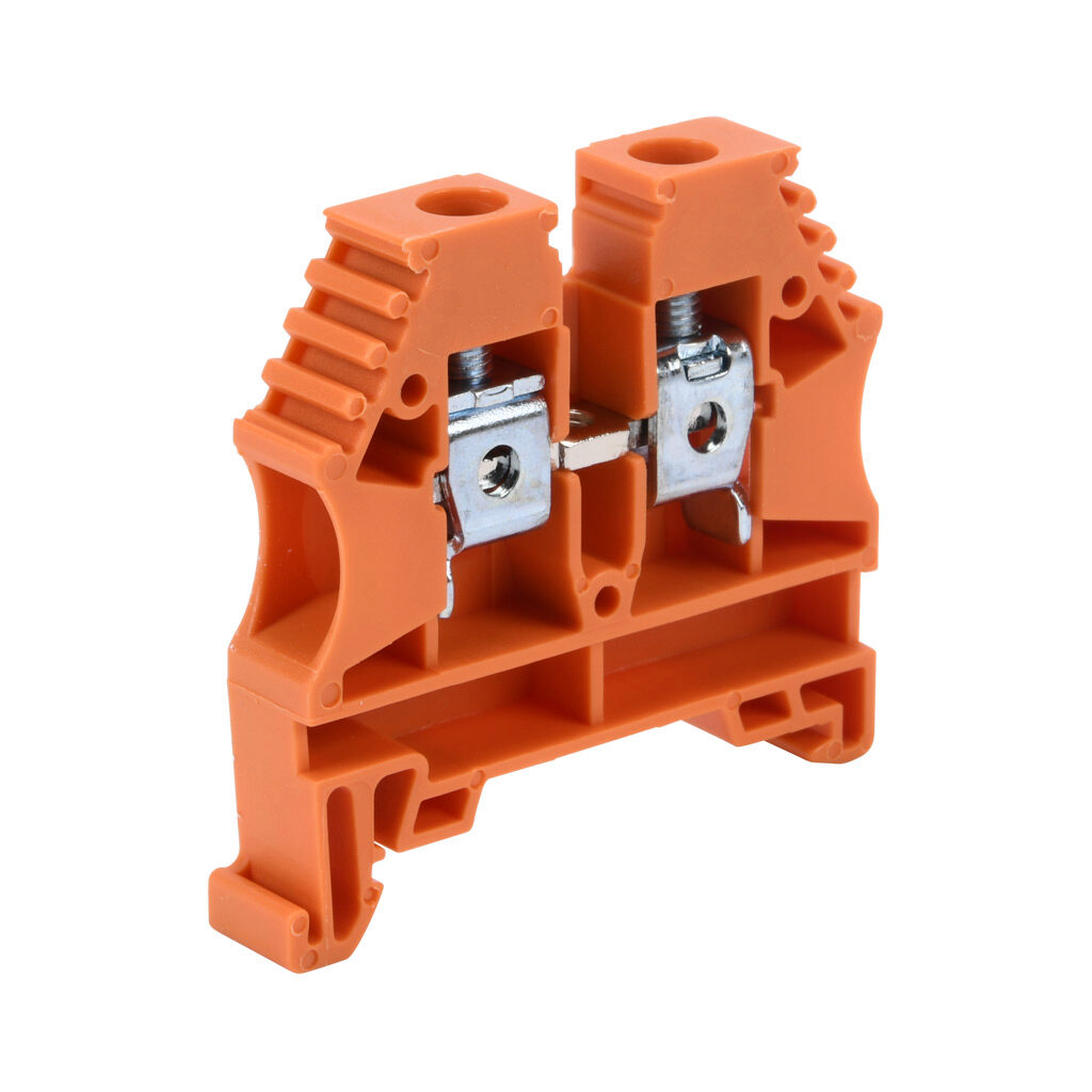 KN-T8ORG-60 - Konnect-It screw single-level feedthrough terminal block, accepts wire size 26-8 AWG, orange, 50A, 35mm DIN rail mount, 100kA SCCR. Package of 60. For use with jumpers KN-2J8, KN-3J8, KN-4J8 and KN-10J8.