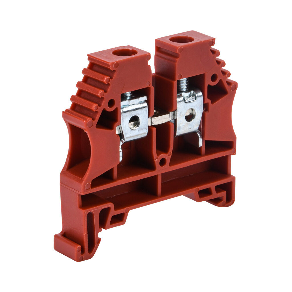 KN-T8RED-20 - Konnect-It screw single-level feedthrough terminal block, accepts wire size 26-8 AWG, red, 50A, 35mm DIN rail mount, 100kA SCCR. Package of 20. For use with jumpers KN-2J8, KN-3J8, KN-4J8 and KN-10J8.