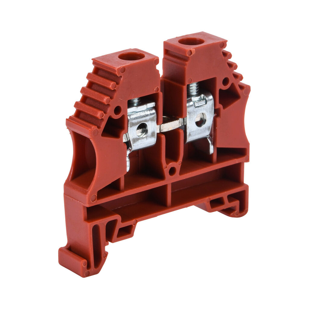 KN-T8RED-60 - Konnect-It screw single-level feedthrough terminal block, accepts wire size 26-8 AWG, red, 50A, 35mm DIN rail mount, 100kA SCCR. Package of 60. For use with jumpers KN-2J8, KN-3J8, KN-4J8 and KN-10J8.