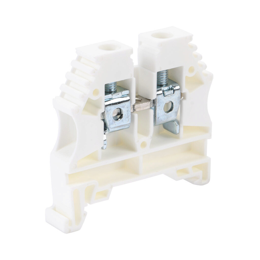 KN-T8WHT-20 - Konnect-It screw single-level feedthrough terminal block, accepts wire size 26-8 AWG, white, 50A, 35mm DIN rail mount, 100kA SCCR. Package of 20. For use with jumpers KN-2J8, KN-3J8, KN-4J8 and KN-10J8.