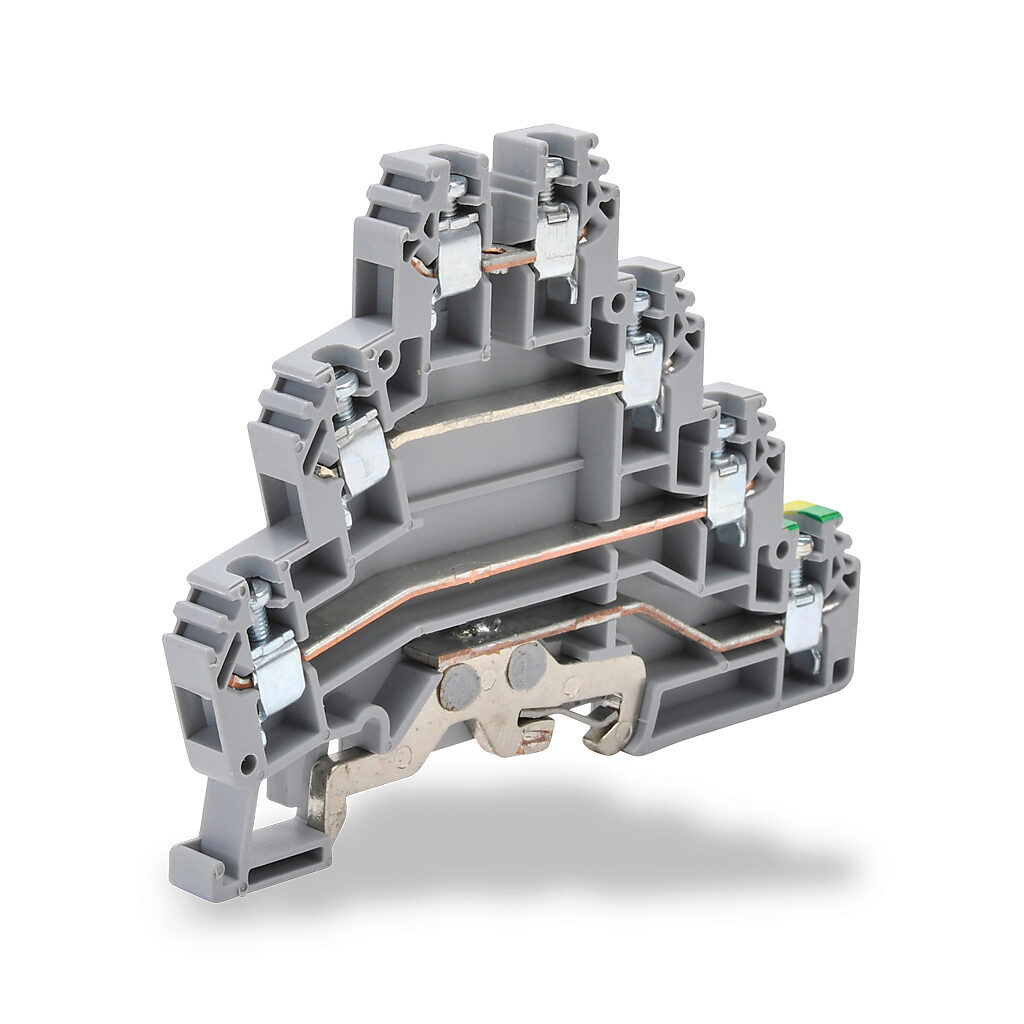 KN-TG12 - Konnect-It screw triple-level feedthrough terminal block, with ground, accepts wire size 24-12 AWG, gray, 24A, 35mm DIN rail mount, 100kA SCCR. Package of 20. For use with jumpers KN-2JTL12, KN-3JTL12, KN-4JTL12 and KN-10JTL12.