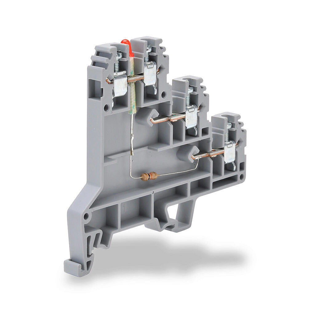 KN-TL14SLN - Konnect-It screw triple-level sensor terminal block, connected between levels and power indicator, accepts wire size 24-12 AWG, gray, 24A, NPN LED indicator(s), 35mm DIN rail mount, 100kA SCCR. Package of 20.