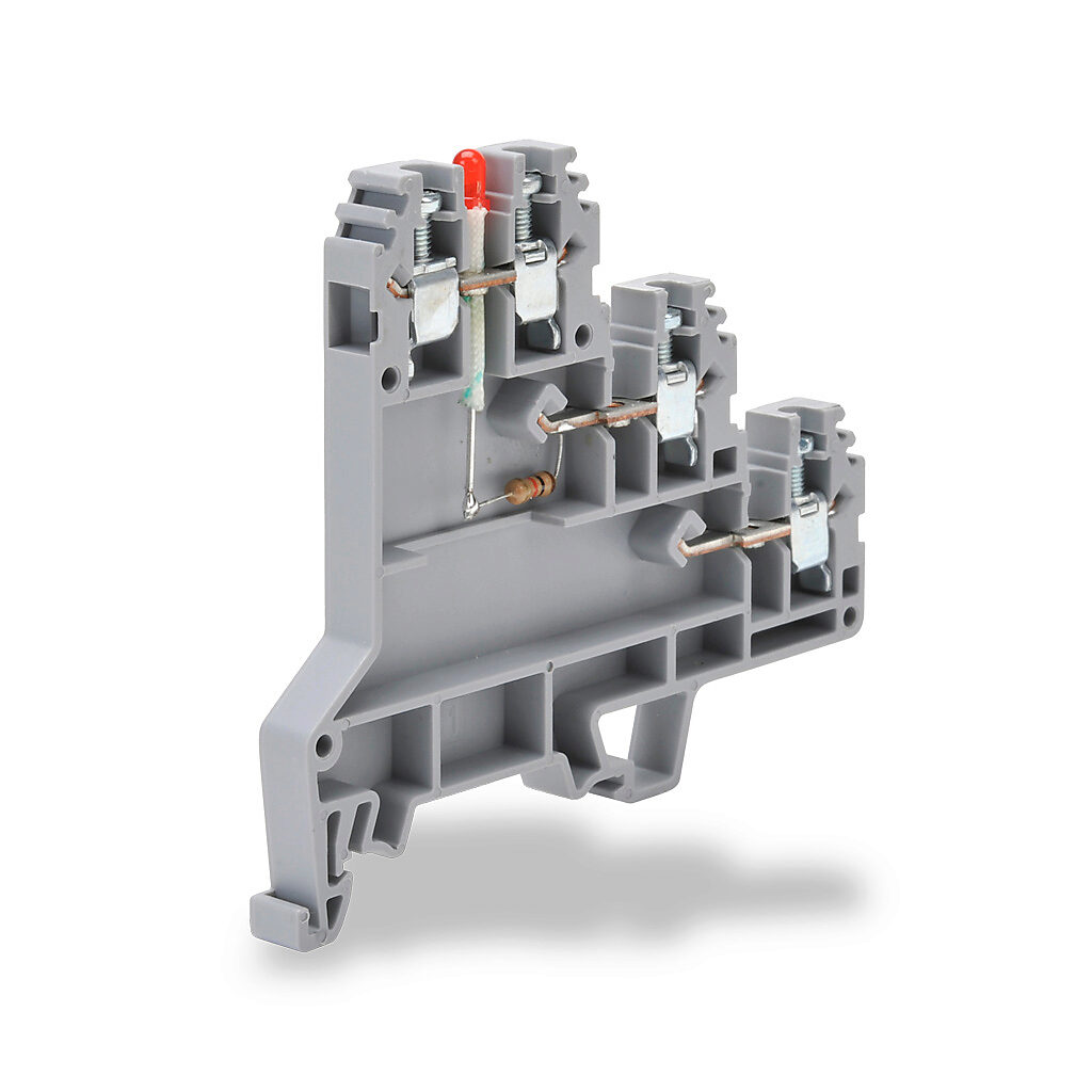 KN-TL14SLP - Konnect-It screw triple-level sensor terminal block, connected between levels and power indicator, accepts wire size 24-12 AWG, gray, 24A, PNP LED indicator(s), 35mm DIN rail mount, 100kA SCCR. Package of 20.