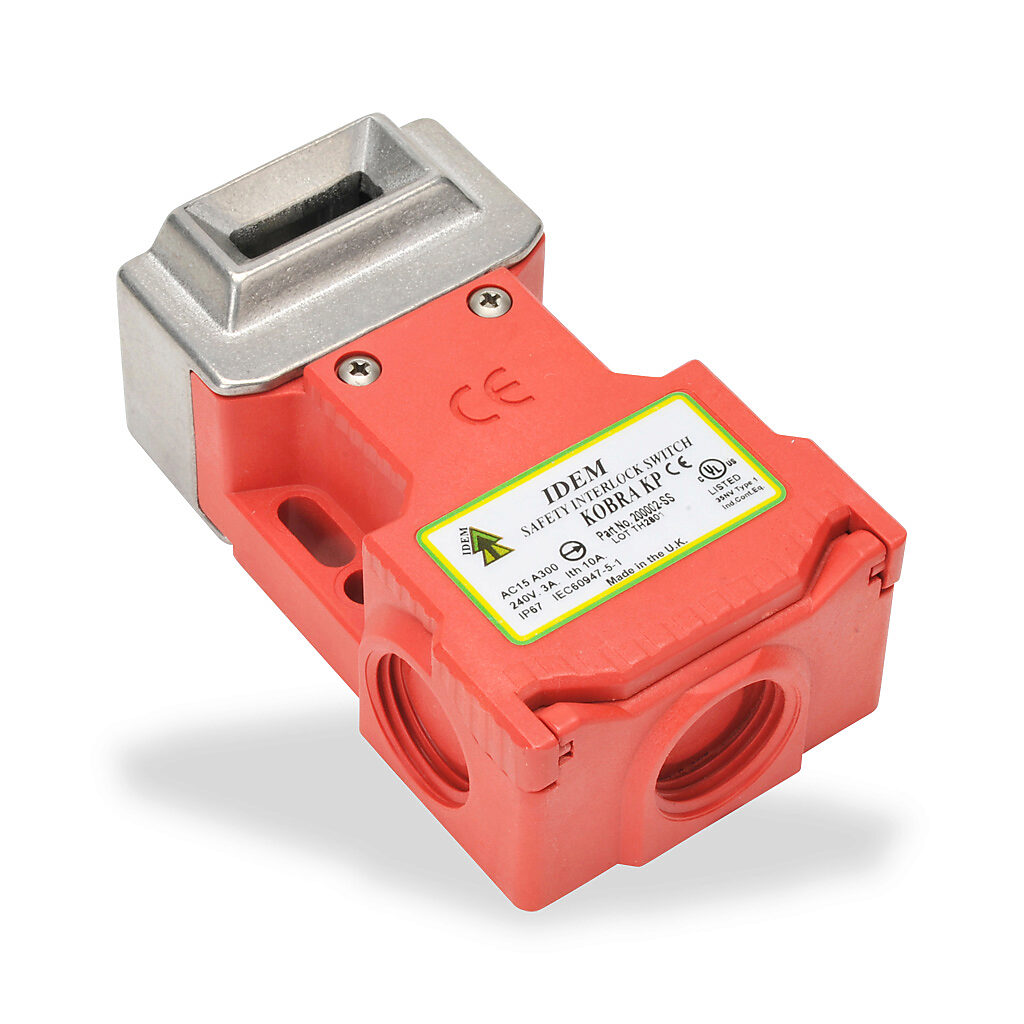 KP-200002-SS - IDEM safety switch, tongue (key) interlock, 180-degree adjustable head, (2) N.C. safety output(s), (1) N.O. monitoring output(s), 58 x 103 x 37mm, plastic body, 316 stainless steel head.
