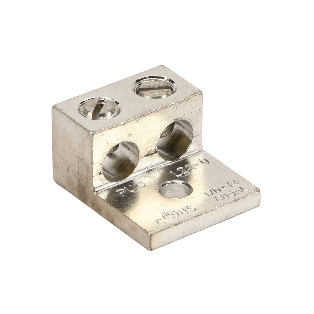L2A-0-1 - Penn-Union mechanical lug, box type, tin-plated aluminum, 600V, 2 openings, (1) 14-1/0 AWG stranded copper or (1) 8-1/0 AWG stranded aluminum, AL9CU.