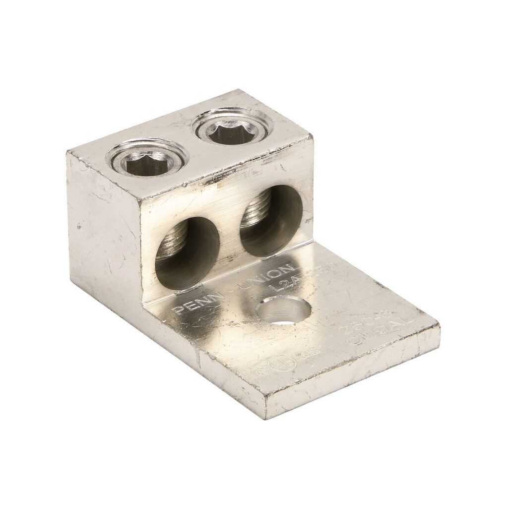 L2A-250-1 - Penn-Union mechanical lug, box type, tin-plated aluminum, 600V, 2 openings, (1) 6 AWG stranded copper or aluminum-250 MCM copper or aluminum, AL9CU.