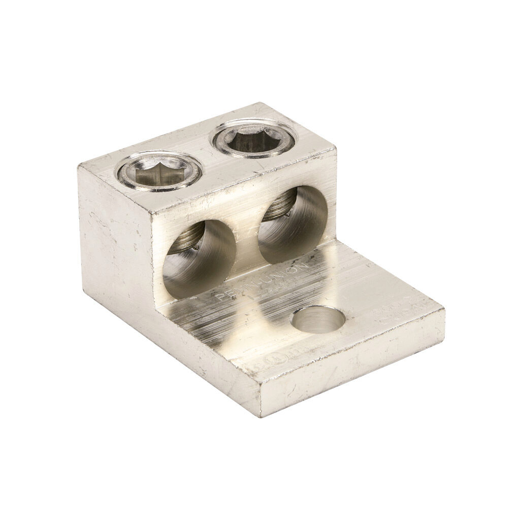 L2A-600-1 - Penn-Union mechanical lug, box type, tin-plated aluminum, 600V, 2 openings, (1) 2 AWG stranded copper or aluminum-600 MCM copper or aluminum, AL9CU.