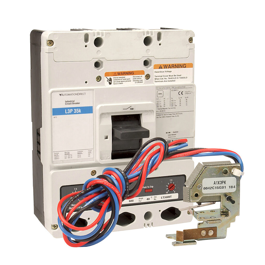 AutomationDirect L3P-400-AUX - Eaton molded case circuit breaker, 600A frame, 400A, 600 VAC/250 VDC, 3-pole, characteristics, thermal magnetic, 35kA @ 480 VAC interrupting rating, panel mount. Line and load lug terminals and factory installed au...