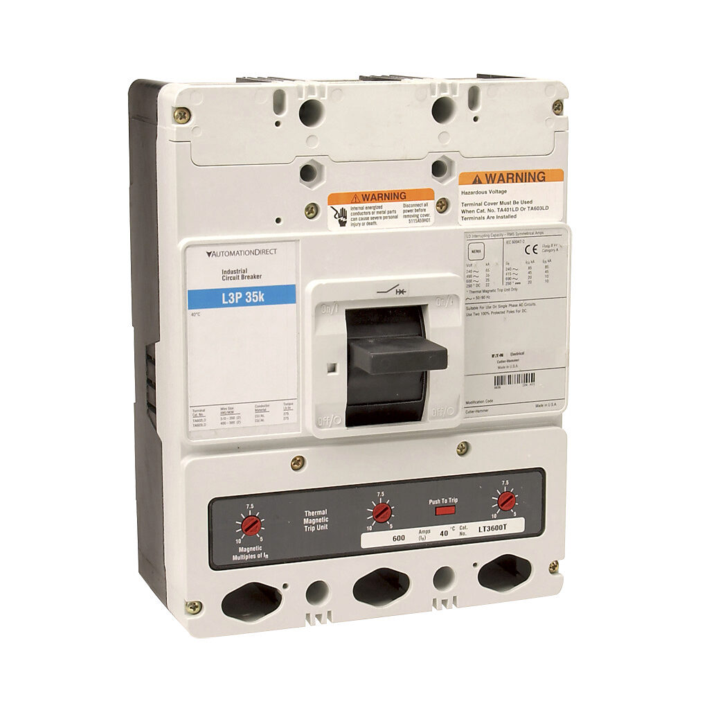 AutomationDirect L3P-600 - Eaton molded case circuit breaker, 600A frame, 600A, 600 VAC/250 VDC, 3-pole, characteristics, thermal magnetic, 35kA @ 480 VAC interrupting rating, panel mount. Line and load lug terminals included.
