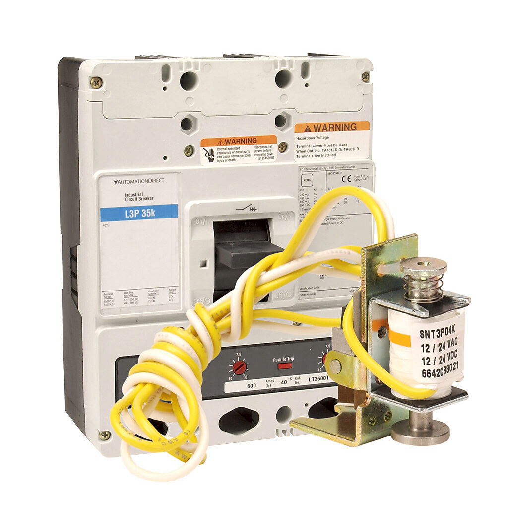 AutomationDirect L3P-600-STDC - Eaton molded case circuit breaker, 600A frame, 600A, 600 VAC/250 VDC, 3-pole, characteristics, thermal magnetic, 35kA @ 480 VAC interrupting rating, panel mount. Line and load lug terminals and factory installed 2...