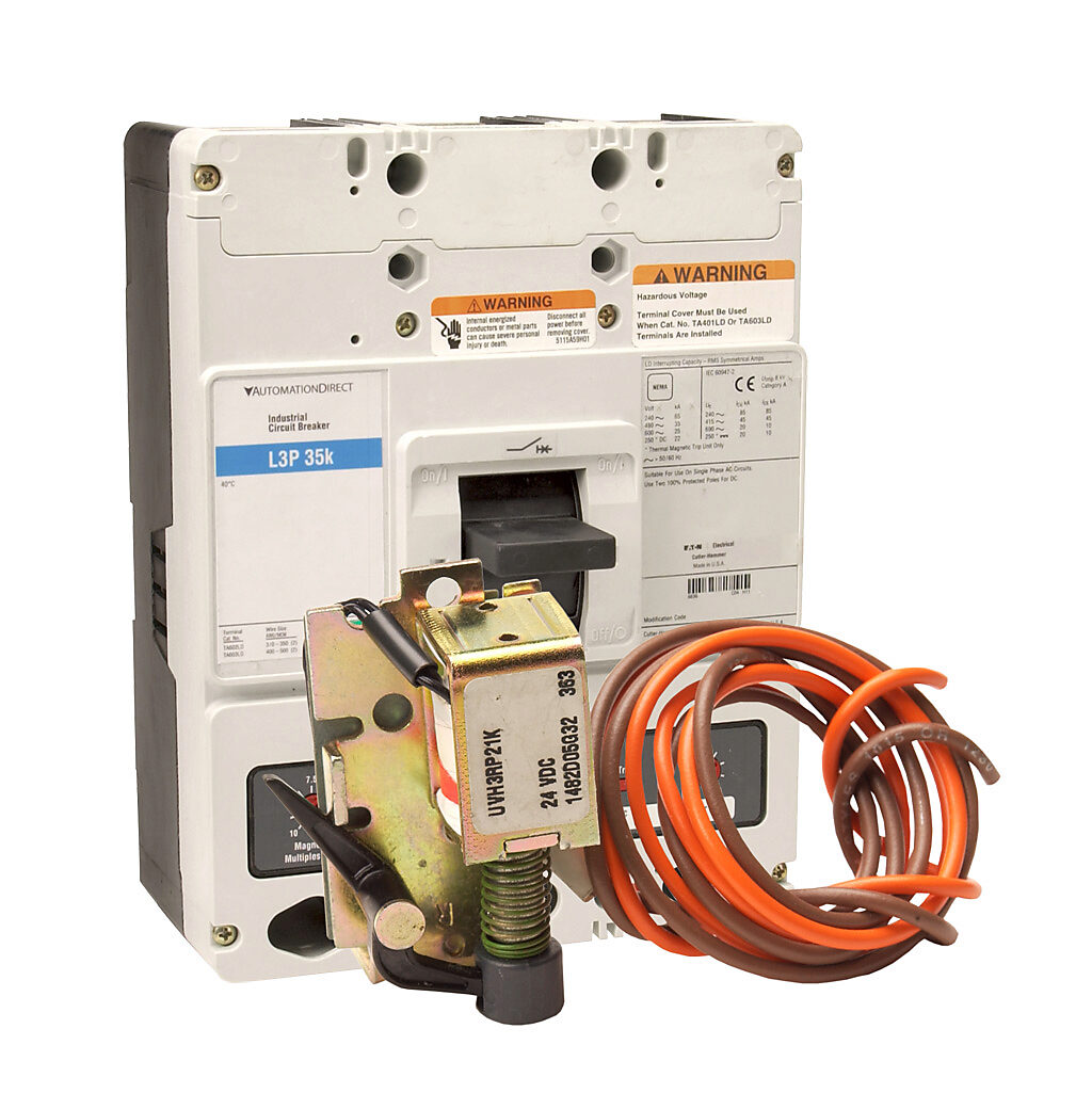 AutomationDirect L3P-600-UVDC - Eaton molded case circuit breaker, 600A frame, 600A, 600 VAC/250 VDC, 3-pole, characteristics, thermal magnetic, 35kA @ 480 VAC interrupting rating, panel mount. Line and load lug terminals and factory installed 2...