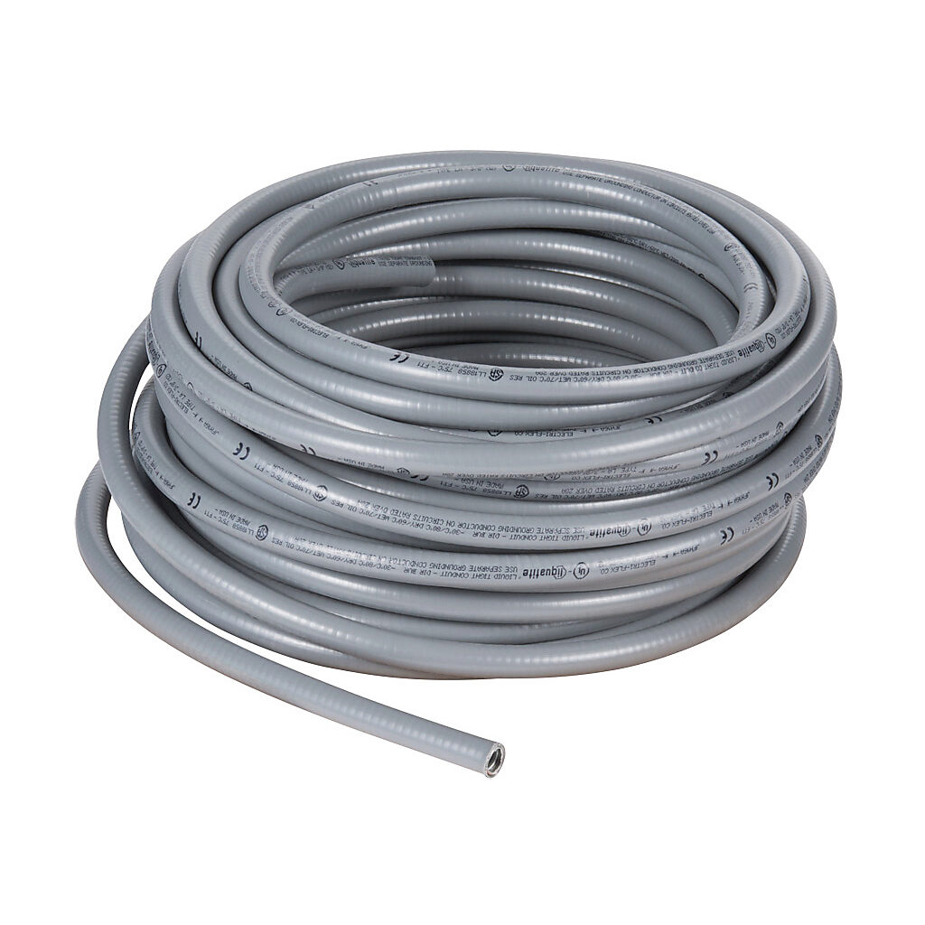 LA-10-100 - Electri-Flex Liquatite liquid-tight flexible metallic conduit, hot dipped galvanized steel, PVC jacket, 3/8in trade size, gray, UL-360 Listed, 100ft/30.4m coil length.