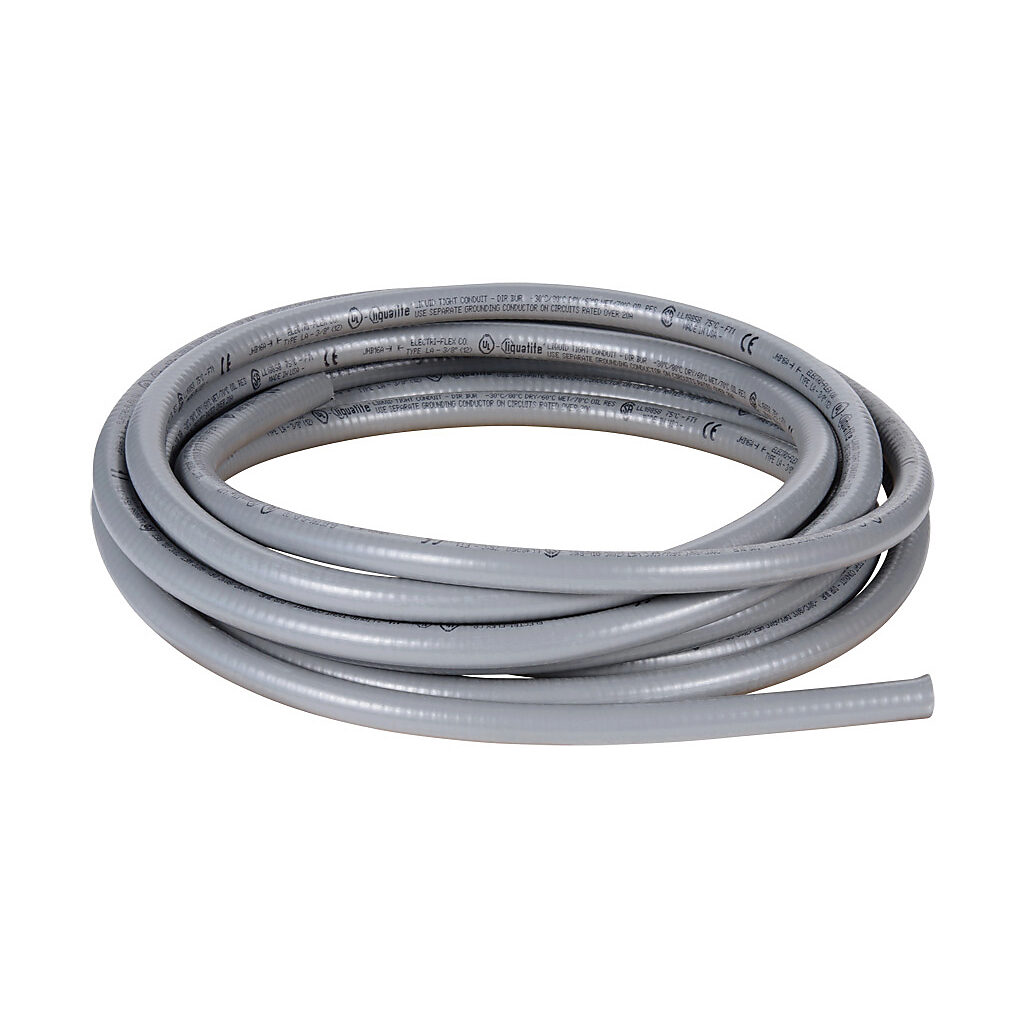 LA-10-25 - Electri-Flex Liquatite liquid-tight flexible metallic conduit, hot dipped galvanized steel, PVC jacket, 3/8in trade size, gray, UL-360 Listed, 25ft/7.6m coil length.