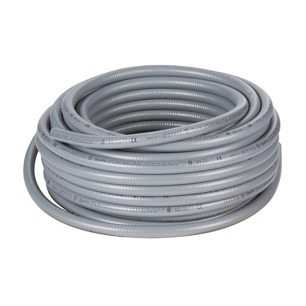 LA-11-100 - Electri-Flex Liquatite liquid-tight flexible metallic conduit, hot dipped galvanized steel, PVC jacket, 1/2in trade size, gray, UL-360 Listed, 100ft/30.4m coil length.