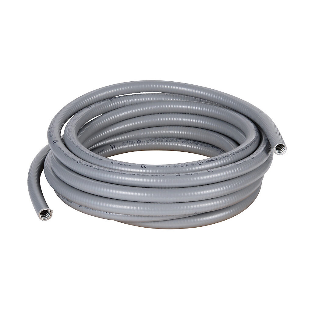 LA-11-25 - Electri-Flex Liquatite liquid-tight flexible metallic conduit, hot dipped galvanized steel, PVC jacket, 1/2in trade size, gray, UL-360 Listed, 25ft/7.6m coil length.