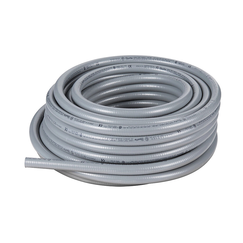 LA-12-100 - Electri-Flex Liquatite liquid-tight flexible metallic conduit, hot dipped galvanized steel, PVC jacket, 3/4in trade size, gray, UL-360 Listed, 100ft/30.4m coil length.