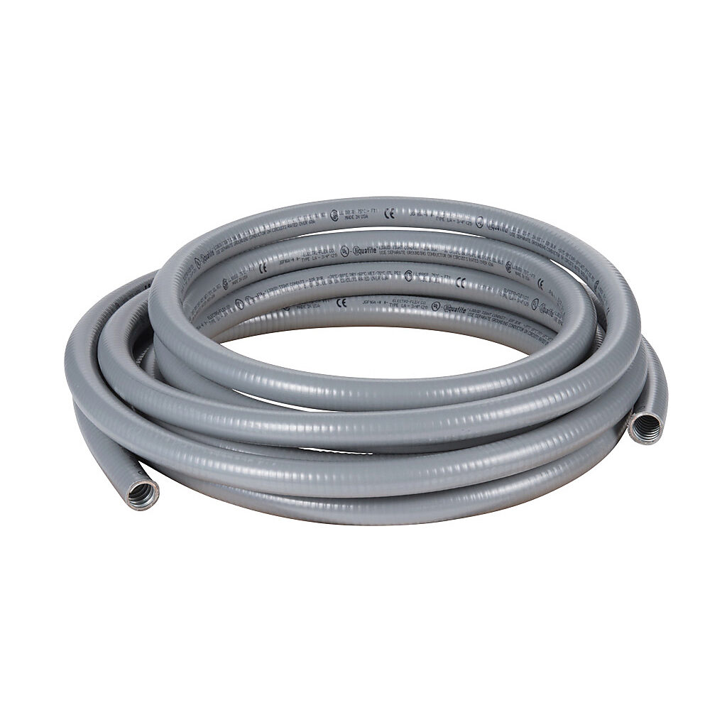 LA-12-25 - Electri-Flex Liquatite liquid-tight flexible metallic conduit, hot dipped galvanized steel, PVC jacket, 3/4in trade size, gray, UL-360 Listed, 25ft/7.6m coil length.