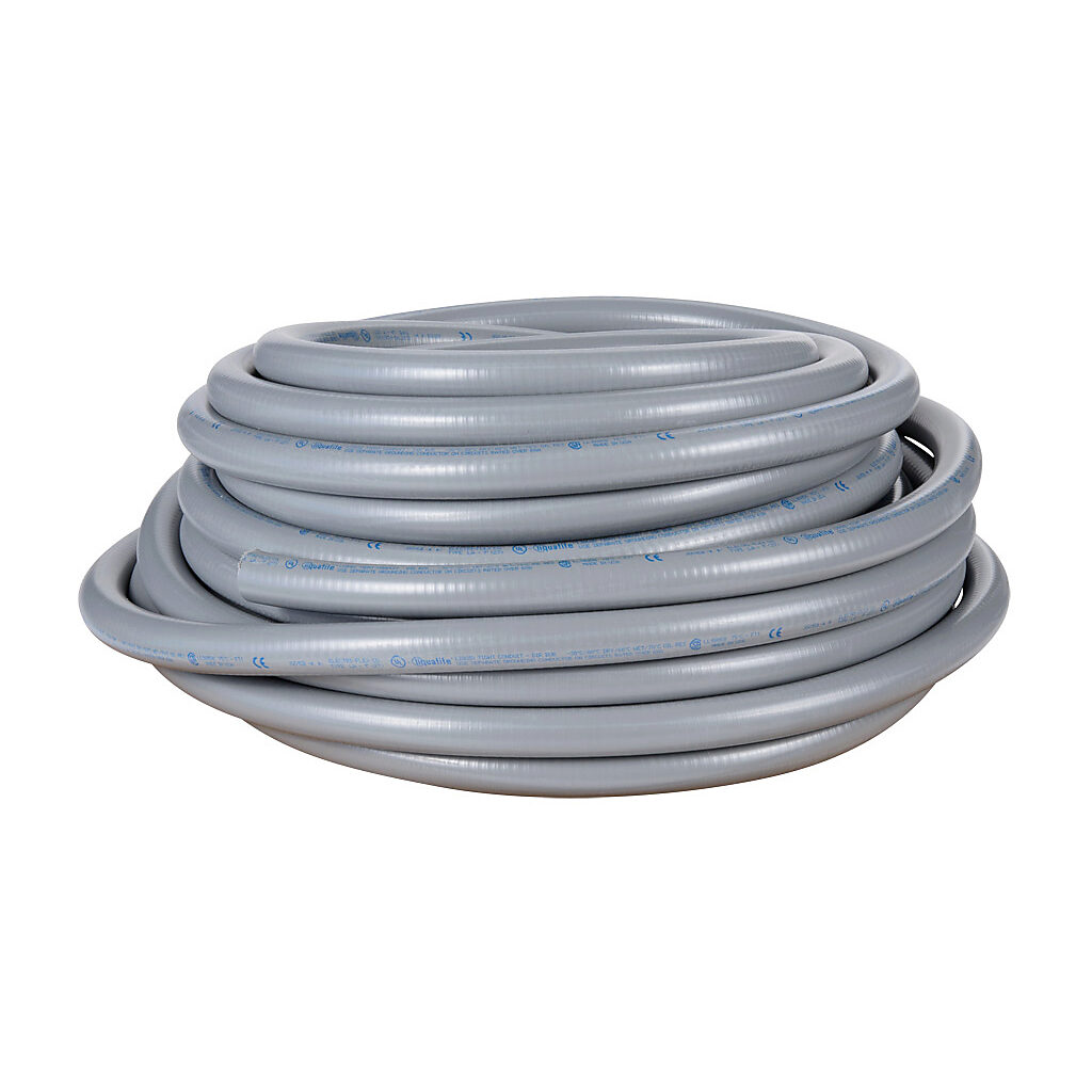 LA-13-100 - Electri-Flex Liquatite liquid-tight flexible metallic conduit, hot dipped galvanized steel, PVC jacket, 1in trade size, gray, UL-360 Listed, 100ft/30.4m coil length.