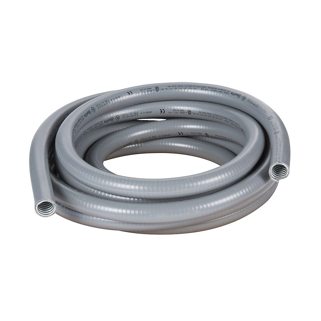 LA-13-25 - Electri-Flex Liquatite liquid-tight flexible metallic conduit, hot dipped galvanized steel, PVC jacket, 1in trade size, gray, UL-360 Listed, 25ft/7.6m coil length.