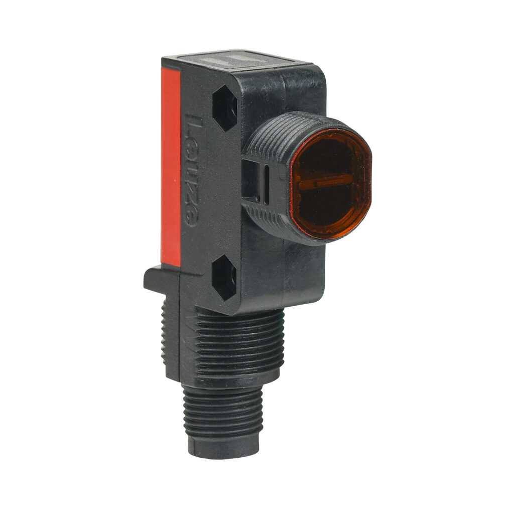 LE28-2N-M12 - Leuze photoelectric sensor, rectangular, through-beam receiver, 0-10m sensing distance, complementary light-on/dark-on, NPN, 10-30 VDC operating voltage, 57.7 x 15 x 37.3mm body, ABS plastic, 4-wire, 4-pin M12 quick-disconnect.