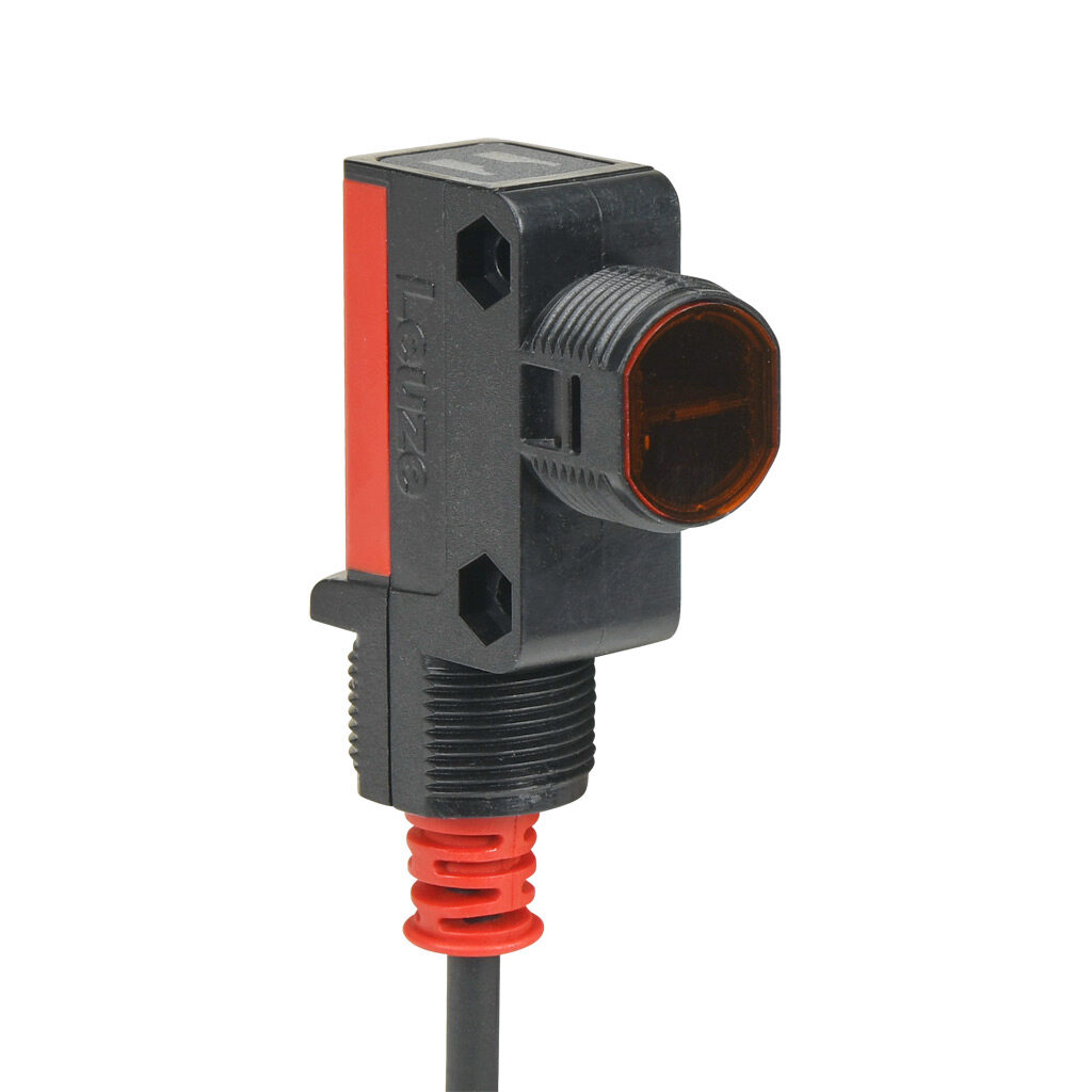 LE28-4P - Leuze photoelectric sensor, rectangular, through-beam receiver, 0-10m sensing distance, complementary light-on/dark-on, PNP, 10-30 VDC operating voltage, 57.7 x 15 x 37.3mm body, ABS plastic, 4-wire, pigtail.