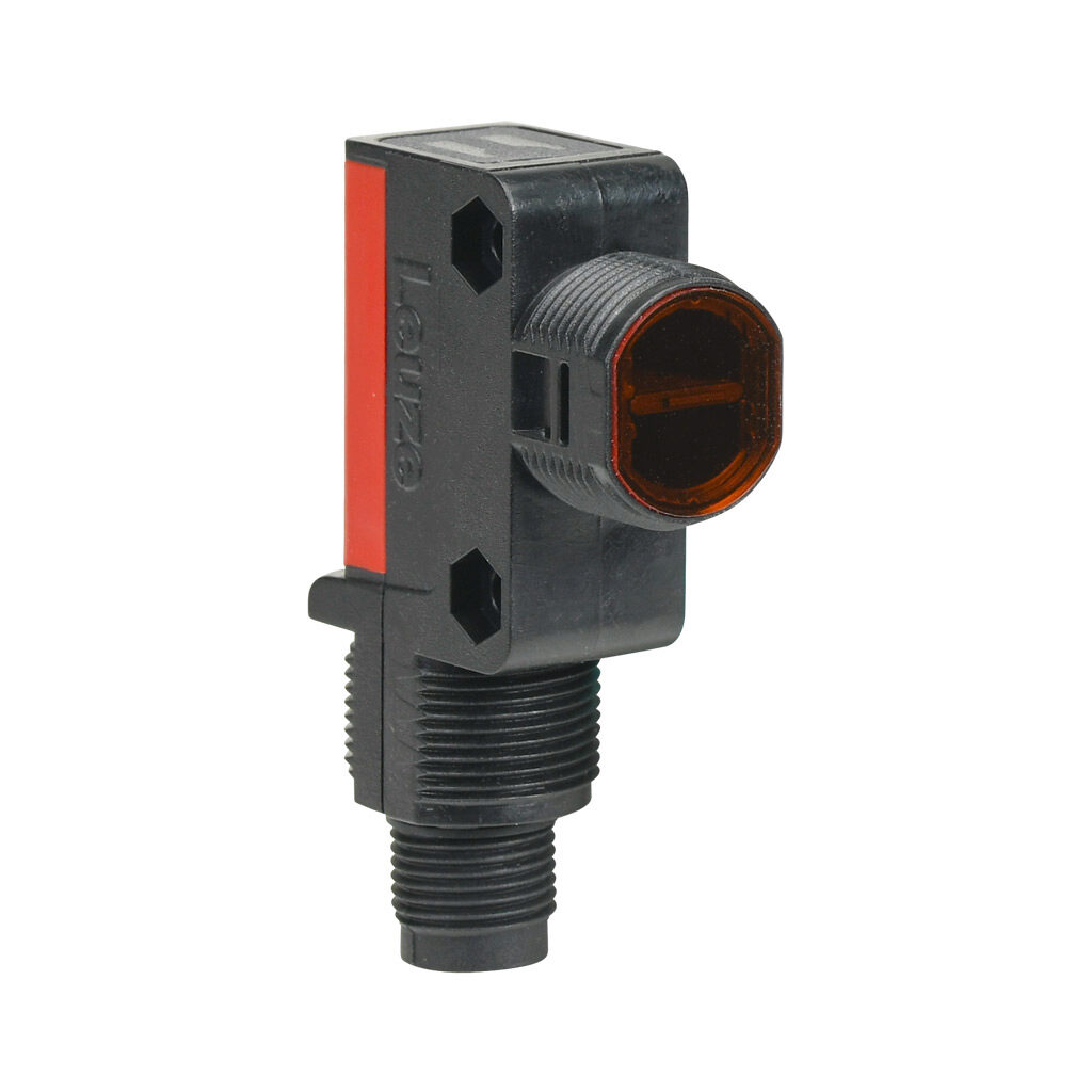 LE28-4P-M12 - Leuze photoelectric sensor, rectangular, through-beam receiver, 0-10m sensing distance, complementary light-on/dark-on, PNP, 10-30 VDC operating voltage, 57.7 x 15 x 37.3mm body, ABS plastic, 4-wire, 4-pin M12 quick-disconnect.