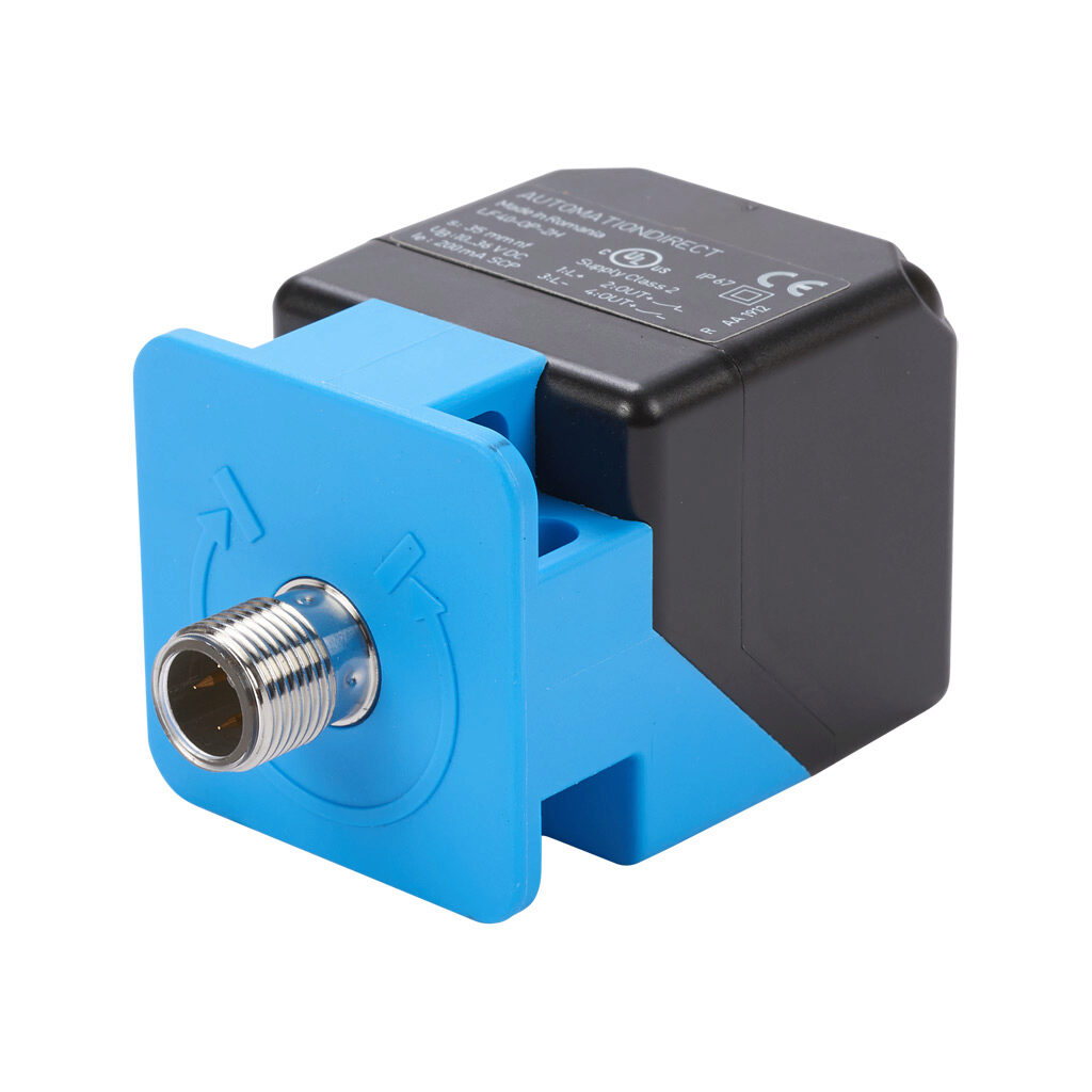 LF40-0P-2H - AutomationDirect inductive proximity sensor, rectangular, 40 x 40 x 66mm body, die-cast zinc nickel-plated housing, PNP, N.O./N.C. complementary outputs, 35mm sensing distance, non-flush, 80 Hz switching frequency, IP67, 4-pin M12 qui...