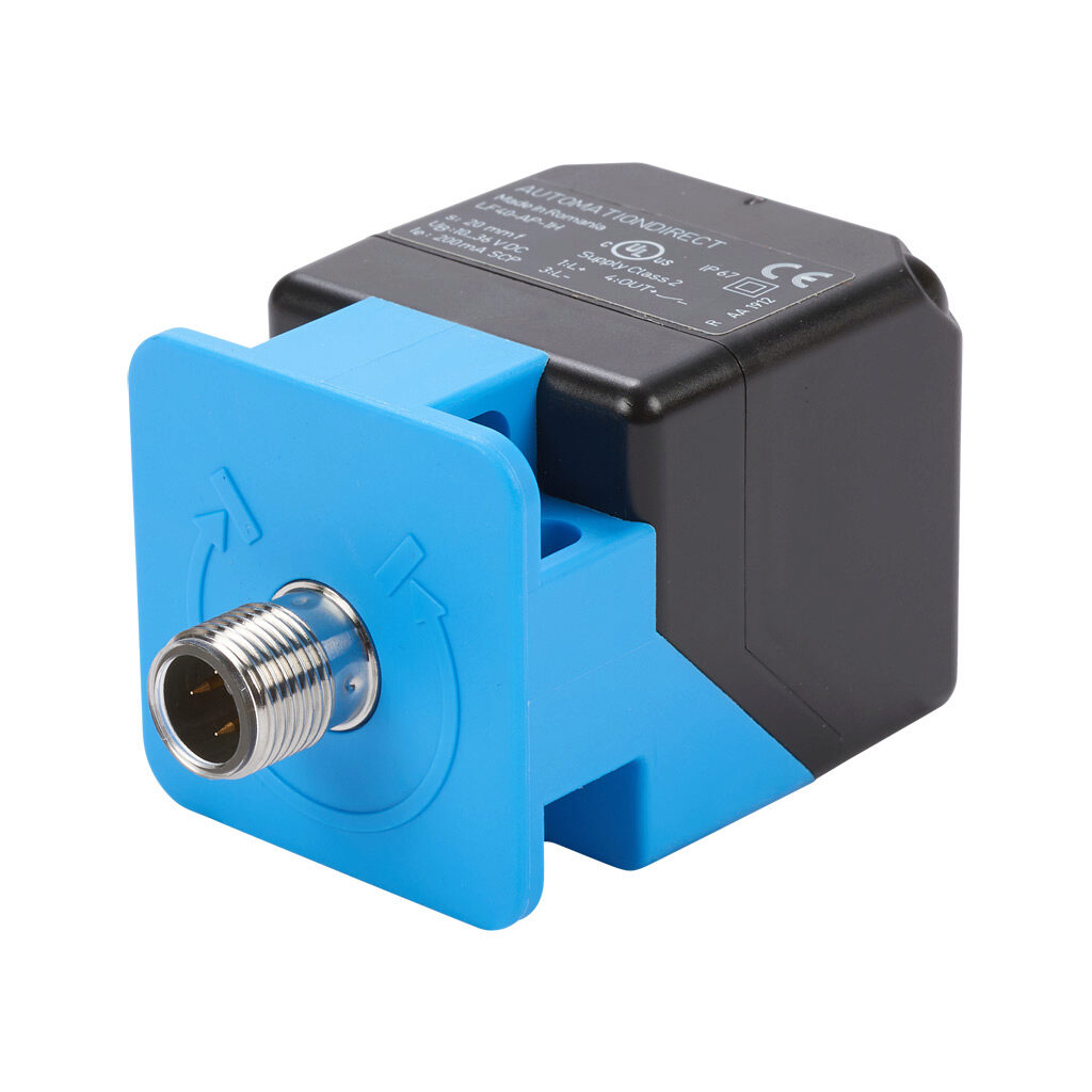 LF40-AP-1H - AutomationDirect inductive proximity sensor, rectangular, 40 x 40 x 66mm body, die-cast zinc nickel-plated housing, PNP, N.O. output, 20mm sensing distance, flush, 100 Hz switching frequency, IP67, 4-pin M12 quick-disconnect.