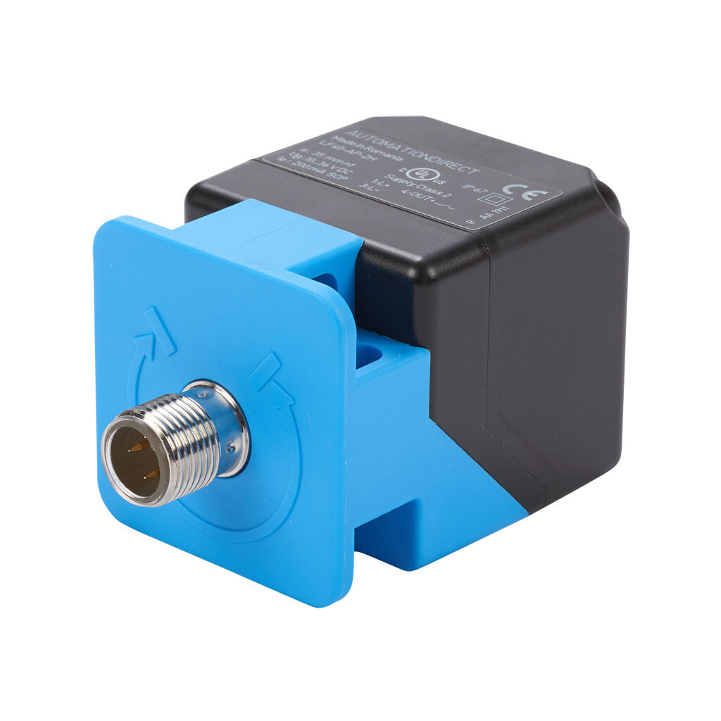 LF40-AP-2H - AutomationDirect inductive proximity sensor, rectangular, 40 x 40 x 66mm body, die-cast zinc nickel-plated housing, PNP, N.O. output, 35mm sensing distance, non-flush, 80 Hz switching frequency, IP67, 4-pin M12 quick-disconnect.