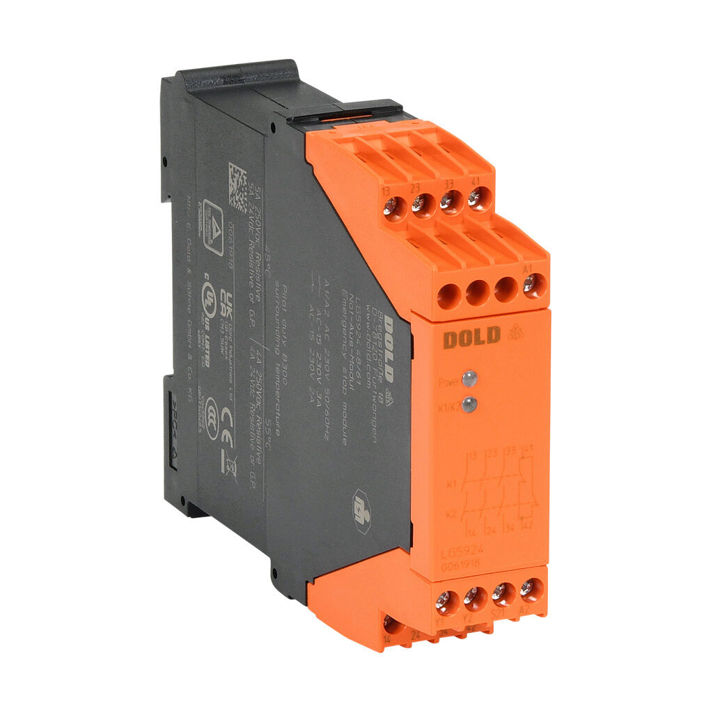 LG5924-48-61-230 - Dold safety relay, emergency stop, 1-channel, 230 VAC, (3) N.O. safety output(s), (1) N.C. monitoring output(s), fixed screw terminals.